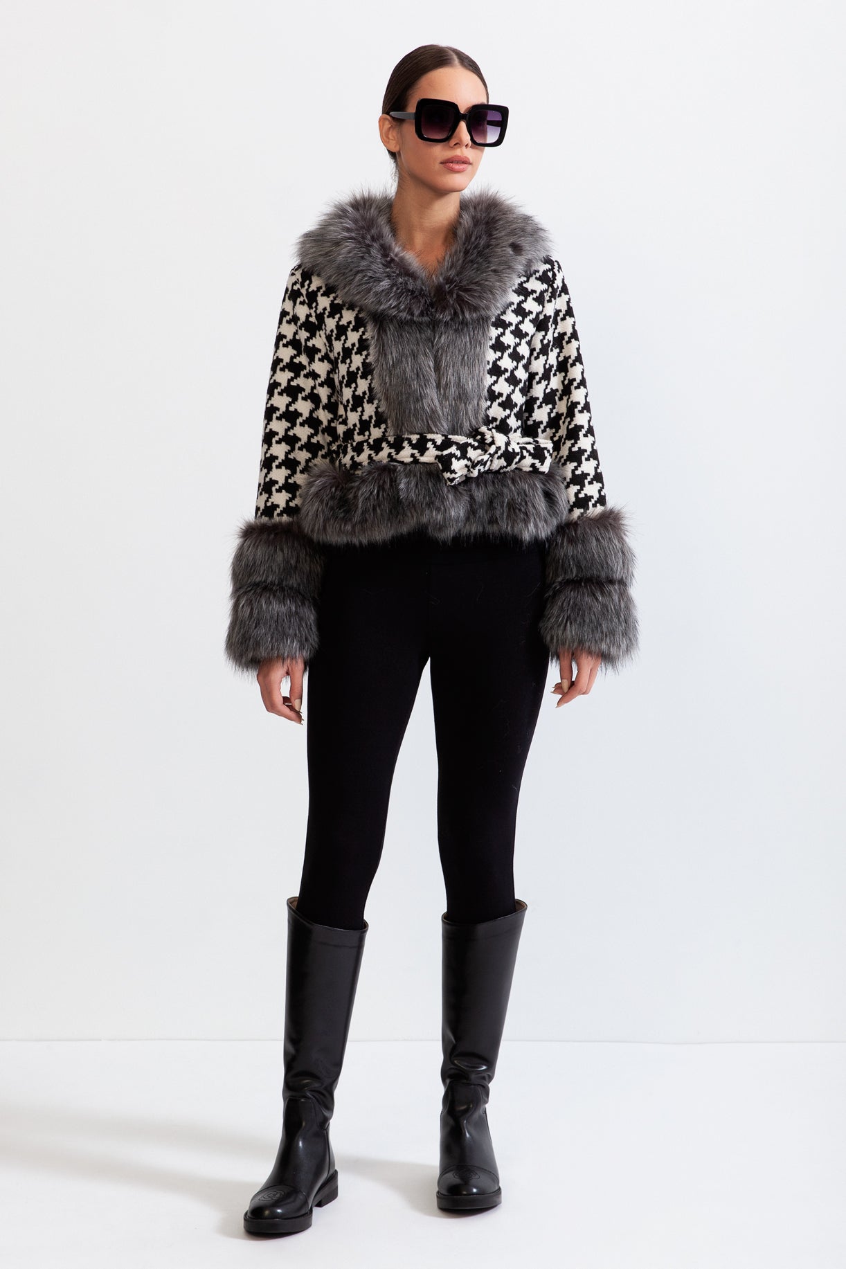 Liberty -Houndstooth Wool Belted Coat with Fur