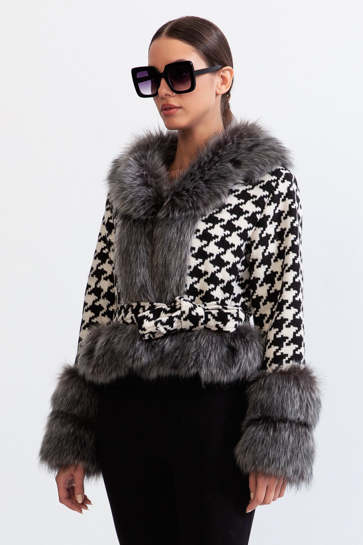 Liberty -Houndstooth Wool Belted Coat with Fur