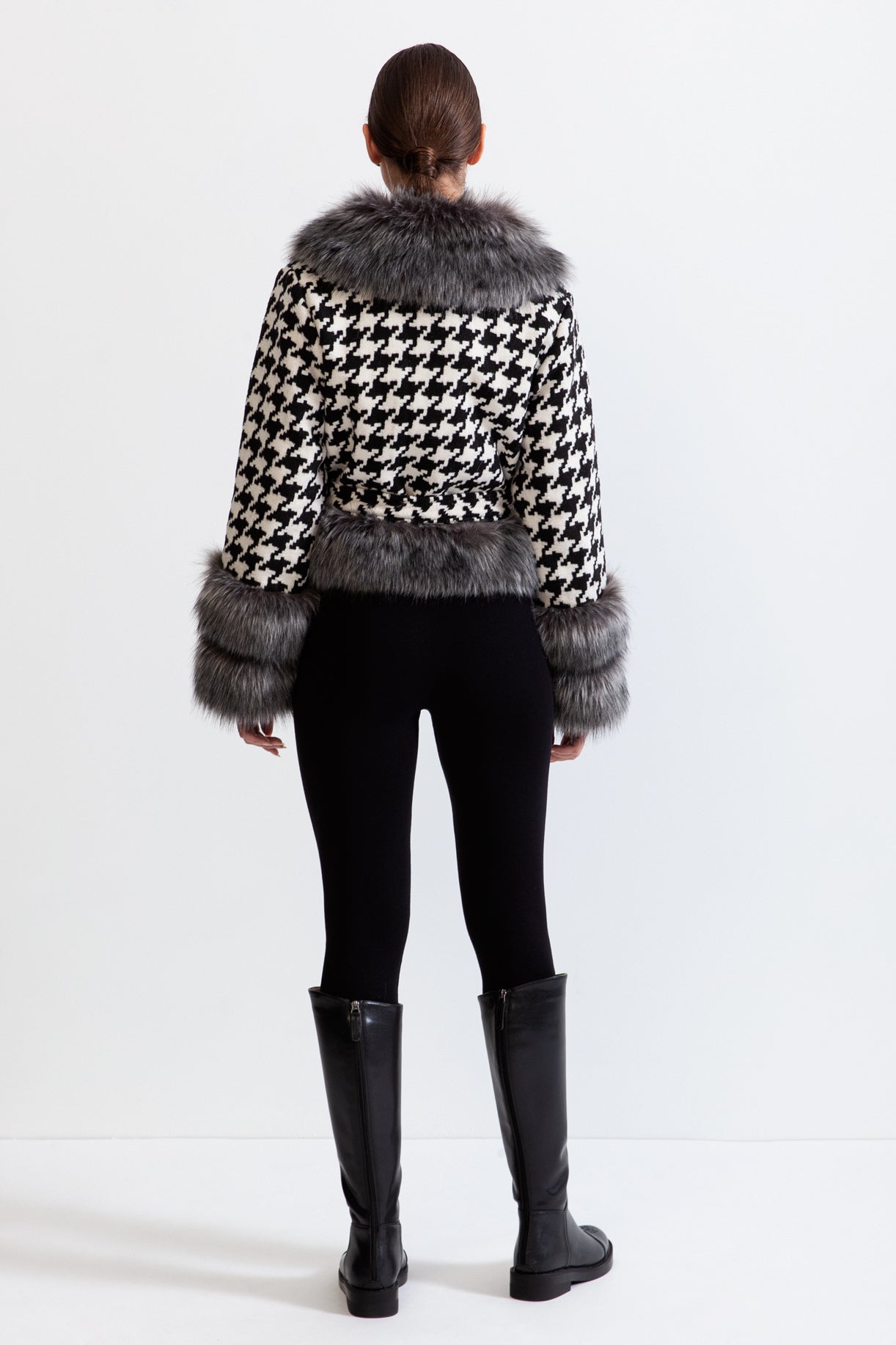 Liberty -Houndstooth Wool Belted Coat with Fur