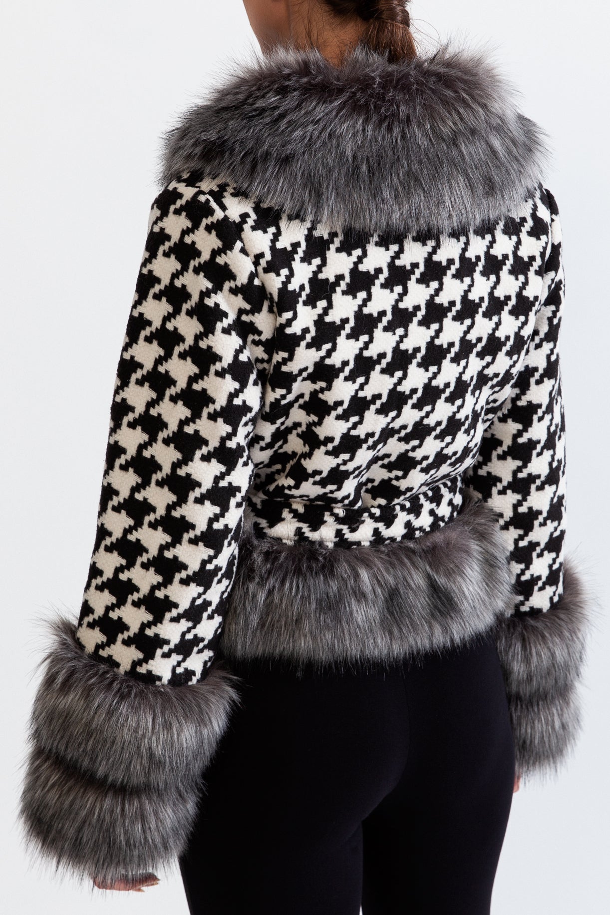Liberty -Houndstooth Wool Belted Coat with Fur
