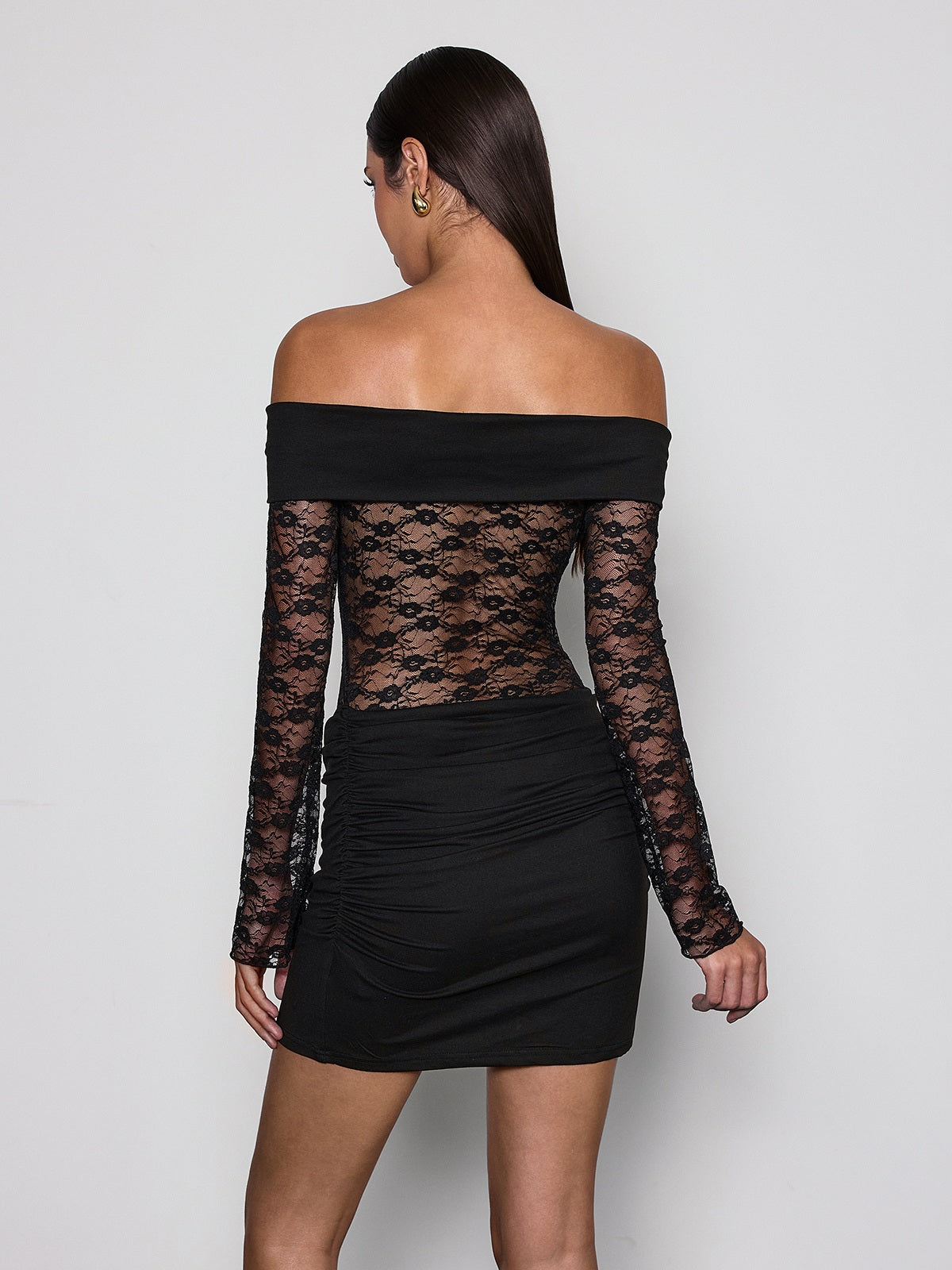 Kenvora Off-Shoulder Lace Ruched Mini Dress