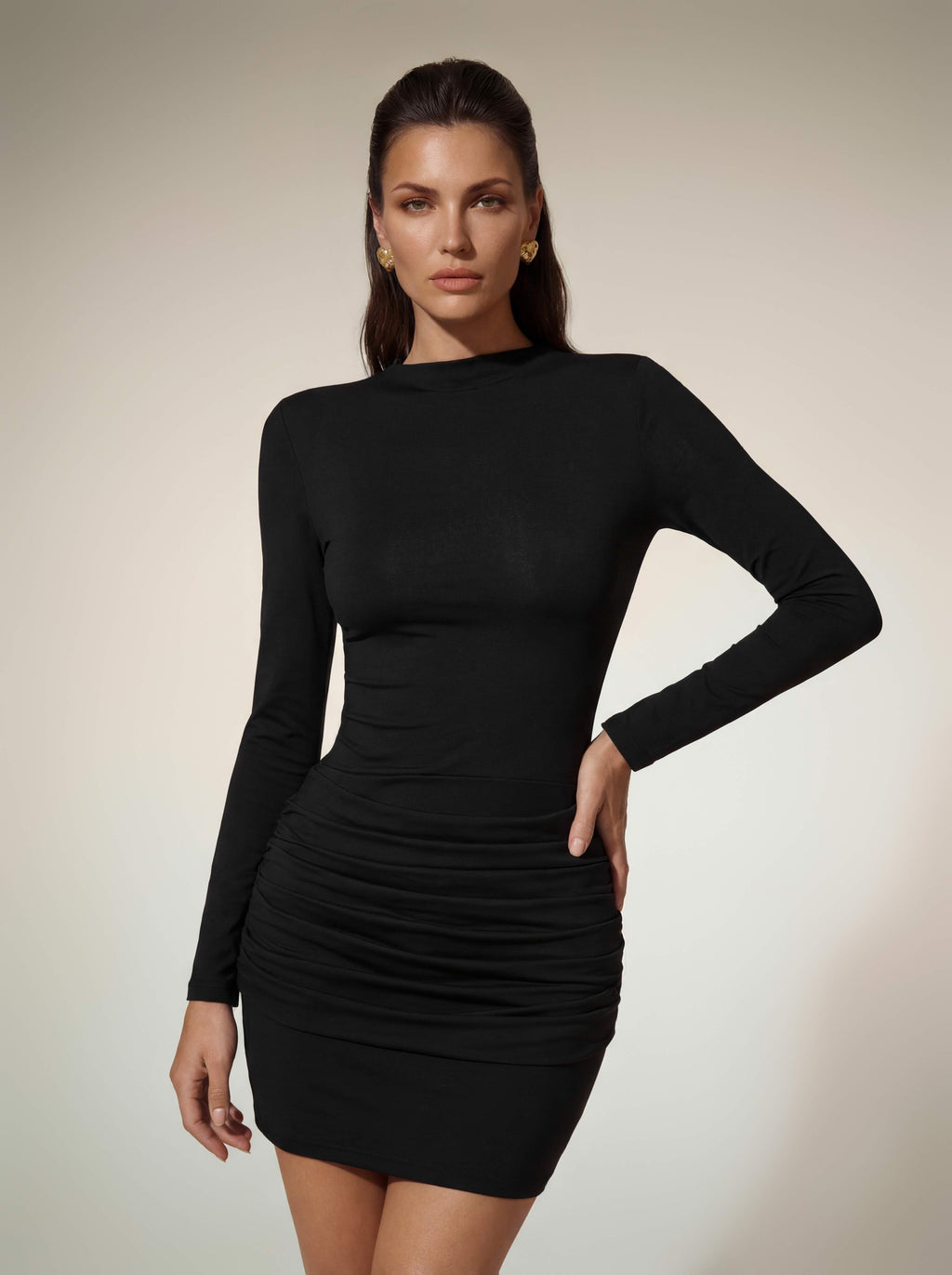 Lyubov Long Sleeve Ruched Dress In Black