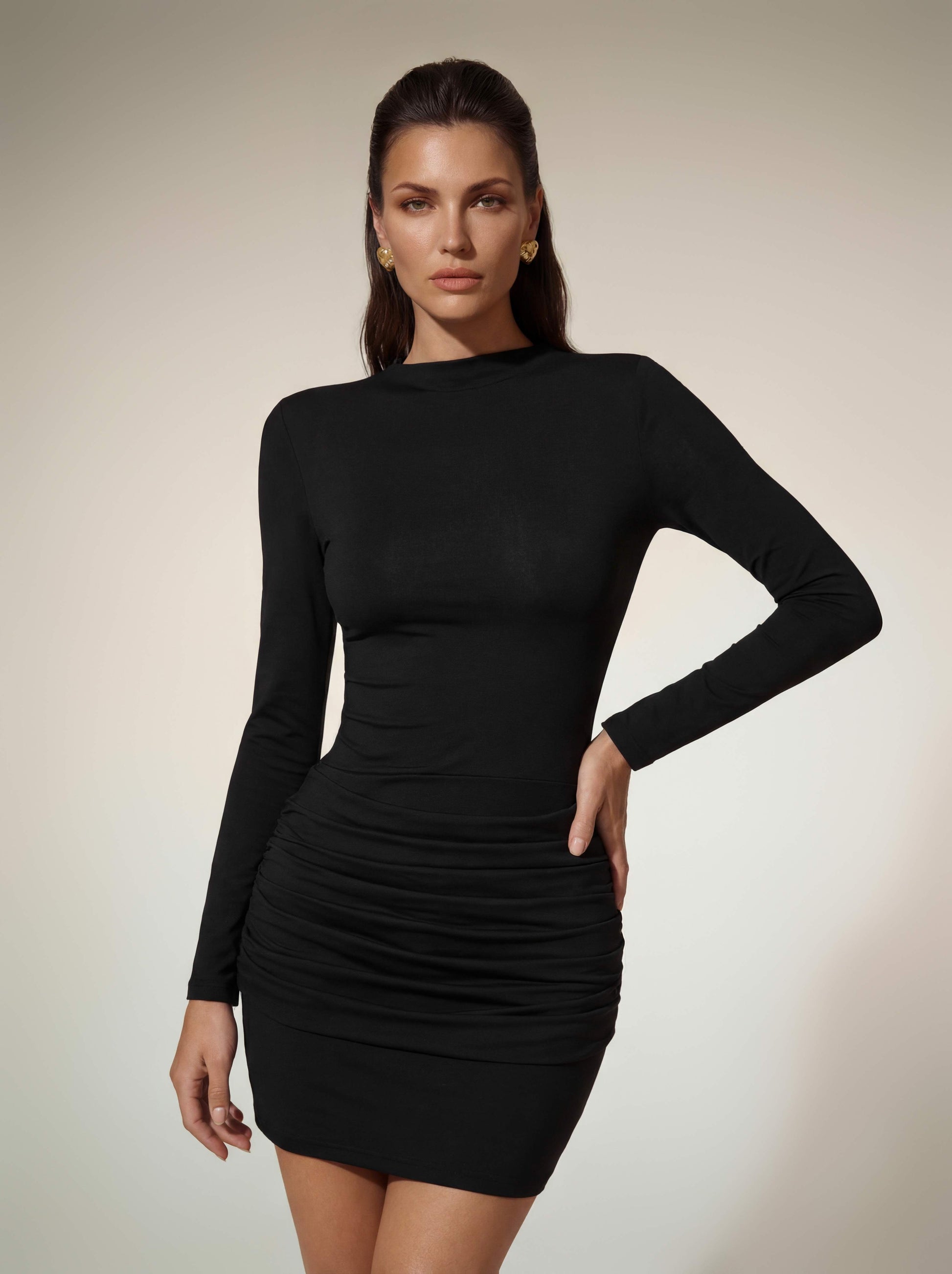 Lyubov Long Sleeve Ruched Dress In Black