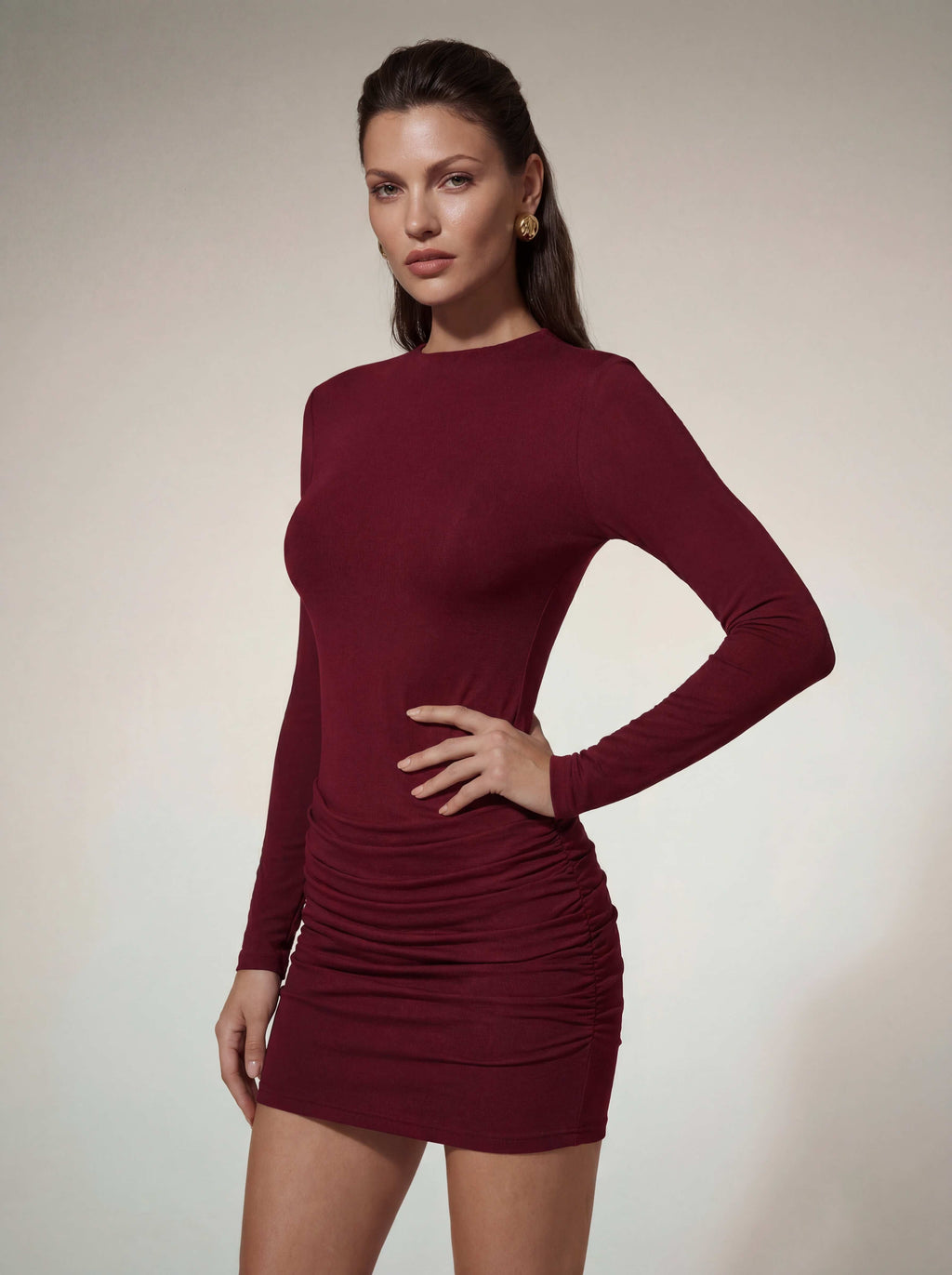 Lyubov Long Sleeve Ruched Dress In Wine
