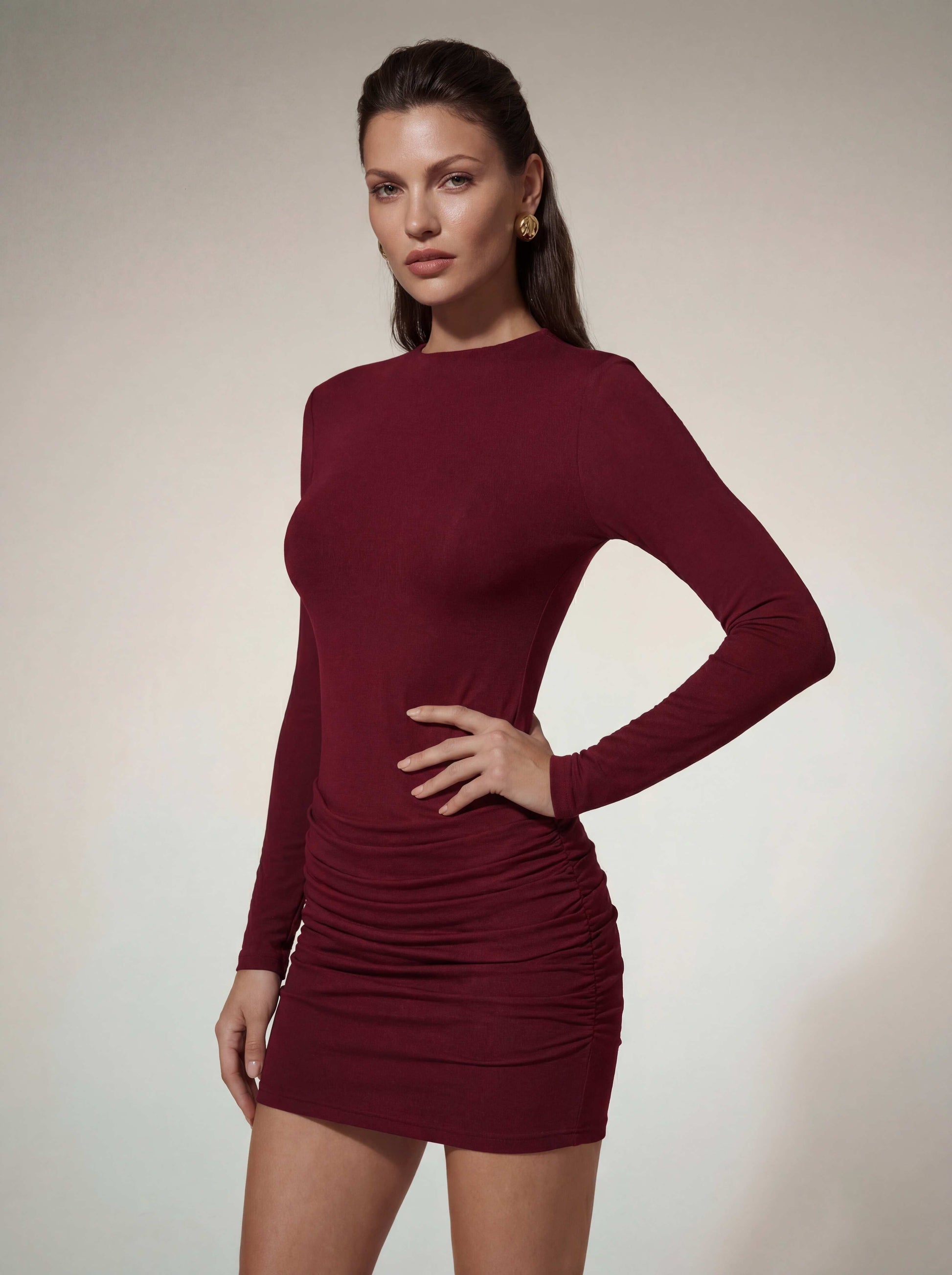 Lyubov Long Sleeve Ruched Dress In Wine