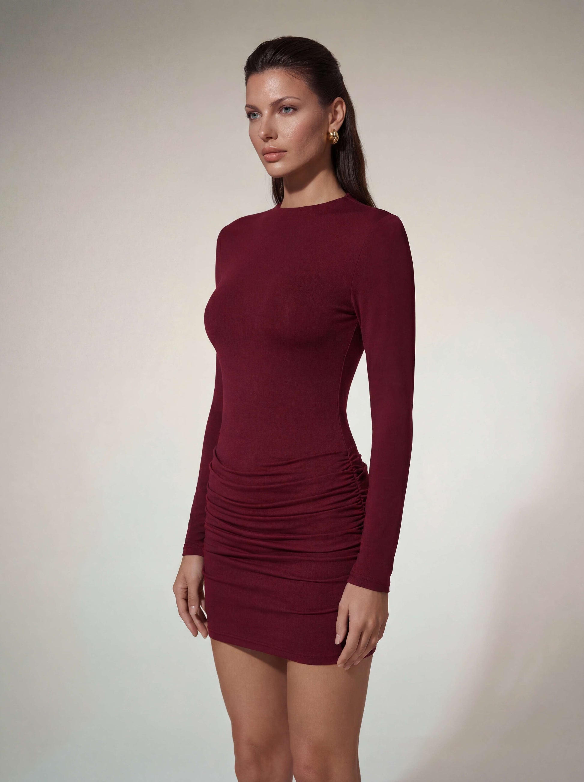 Lyubov Long Sleeve Ruched Dress In Wine