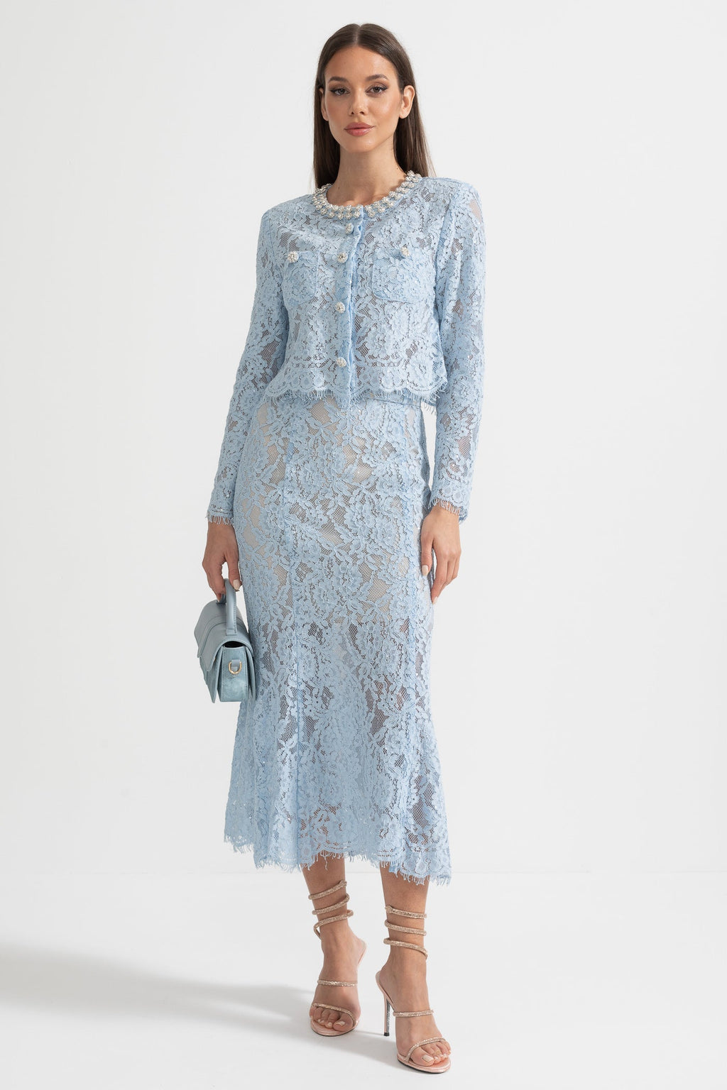 Lace Co-Ord With Sparkling Neckline Embellishments And Midi Skirt - Blue