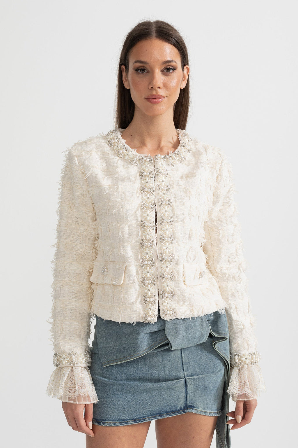 Textured Jacket Top with Pearl and Crystal Embellishments - Ivory