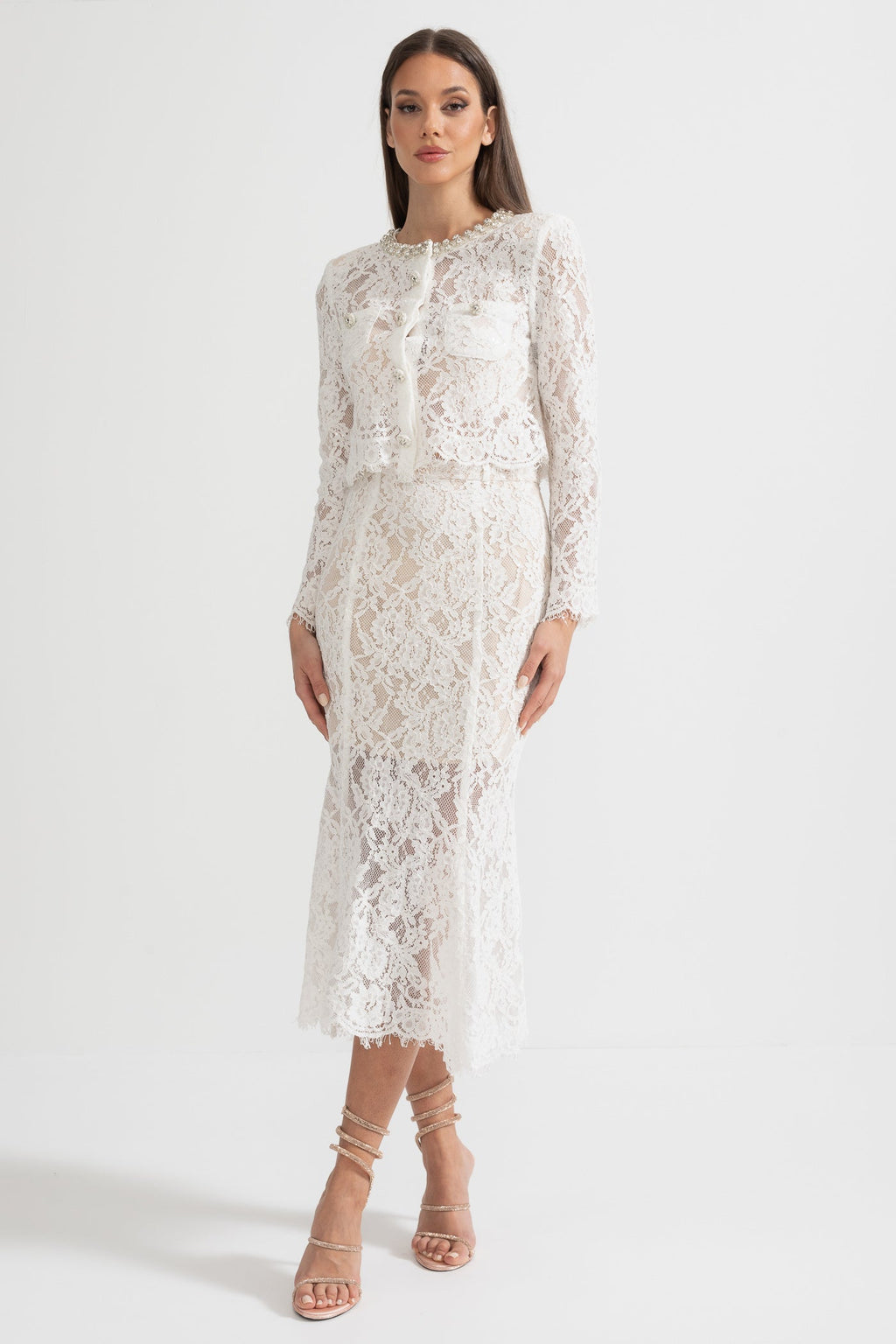 Lace Co-Ord With Sparkling Neckline Embellishments And Midi Skirt - White