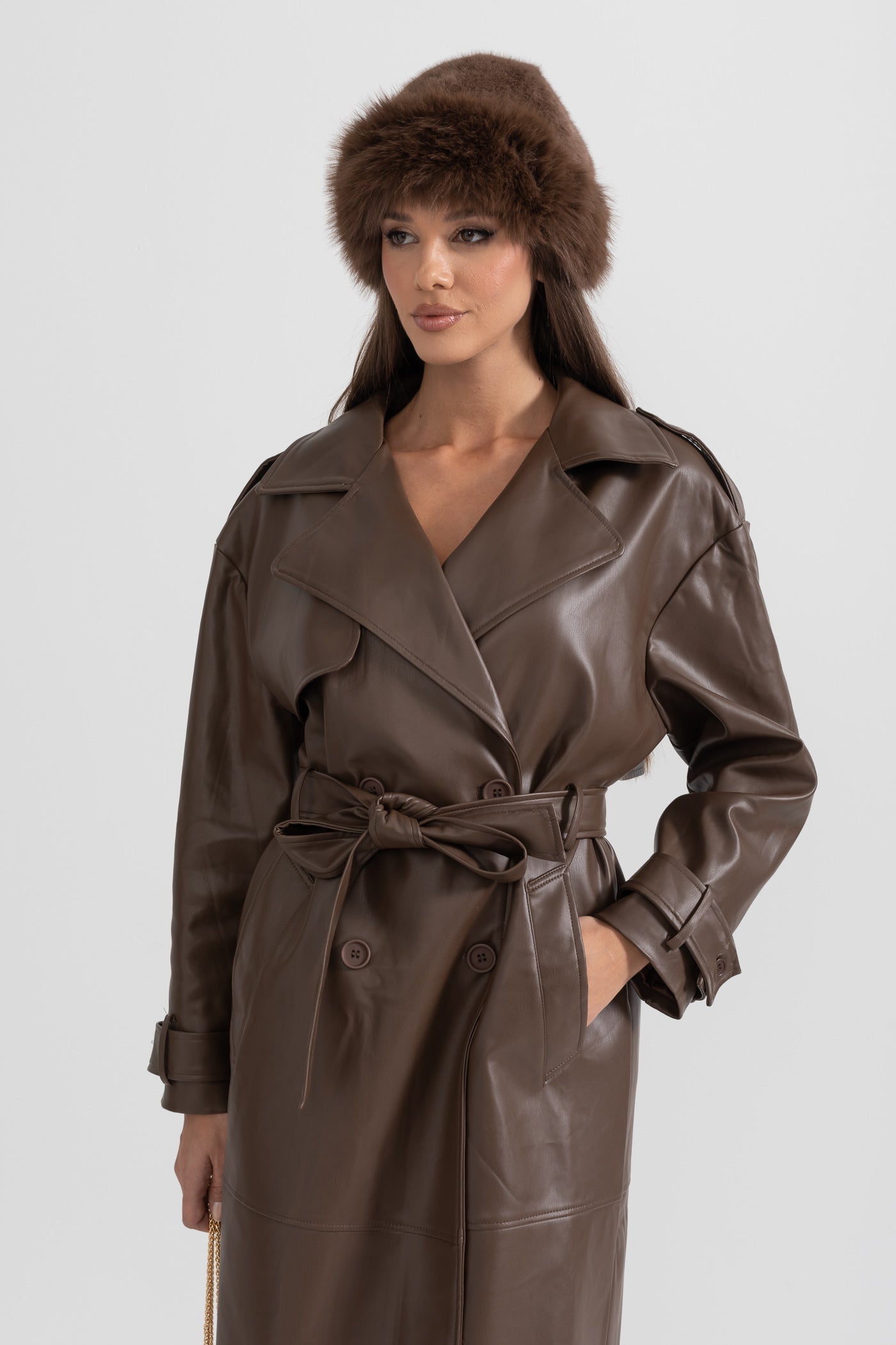 Soleil - Vegan Leather Trench Coat - Brown