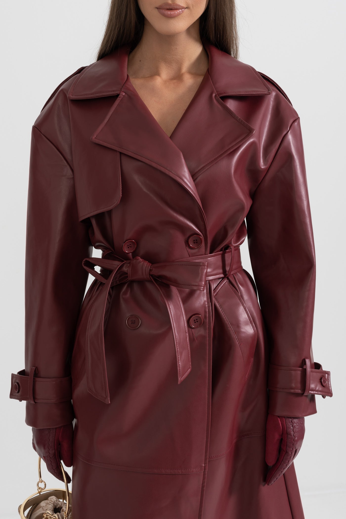 Soleil - Vegan Leather Trench Coat - Burgundy