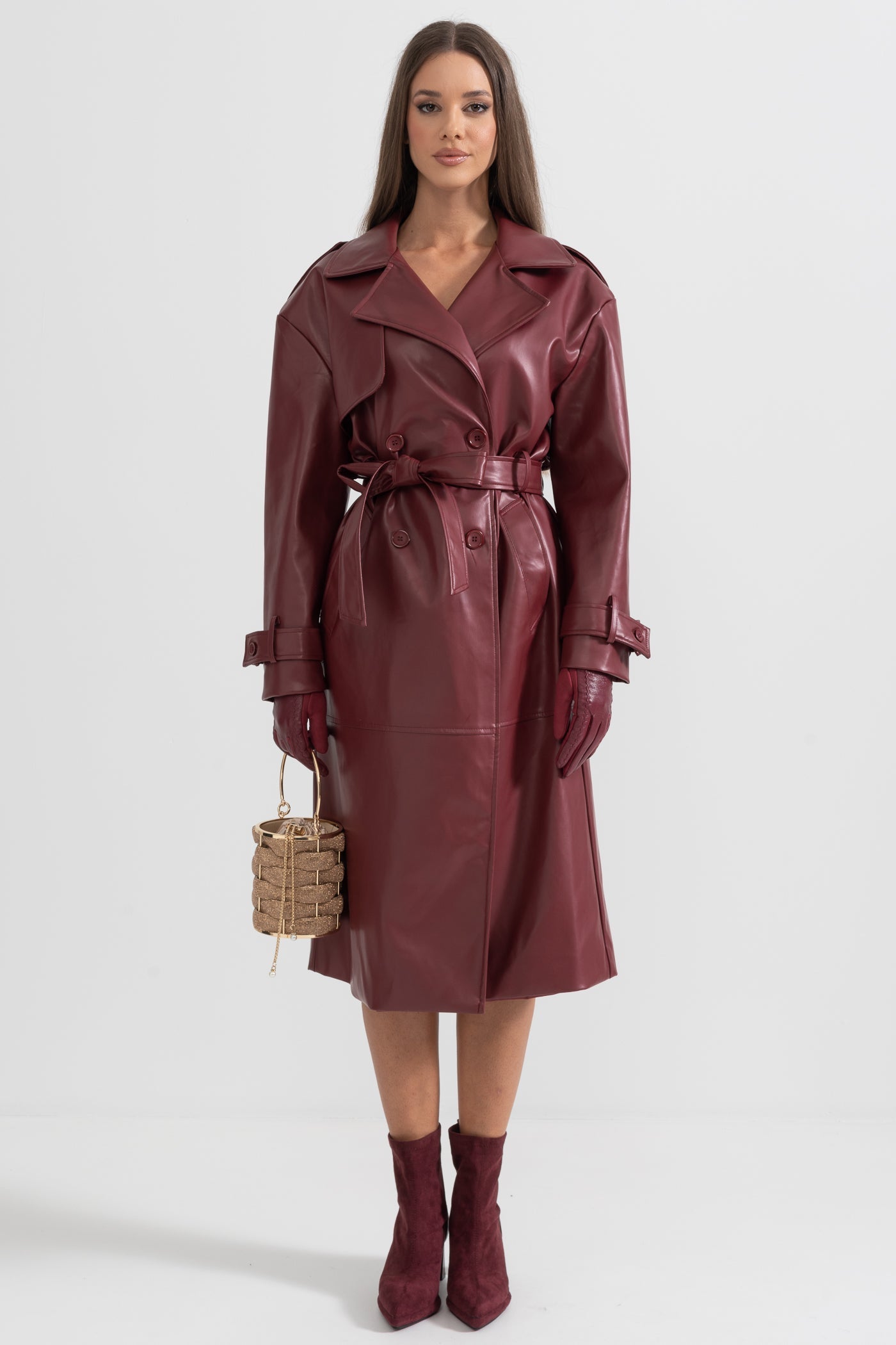 Soleil - Vegan Leather Trench Coat - Burgundy