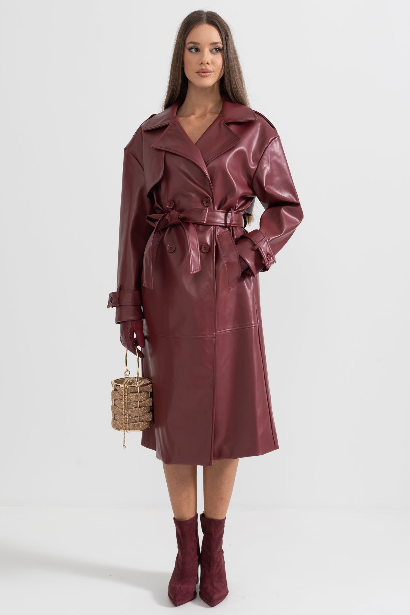 Soleil - Vegan Leather Trench Coat - Burgundy