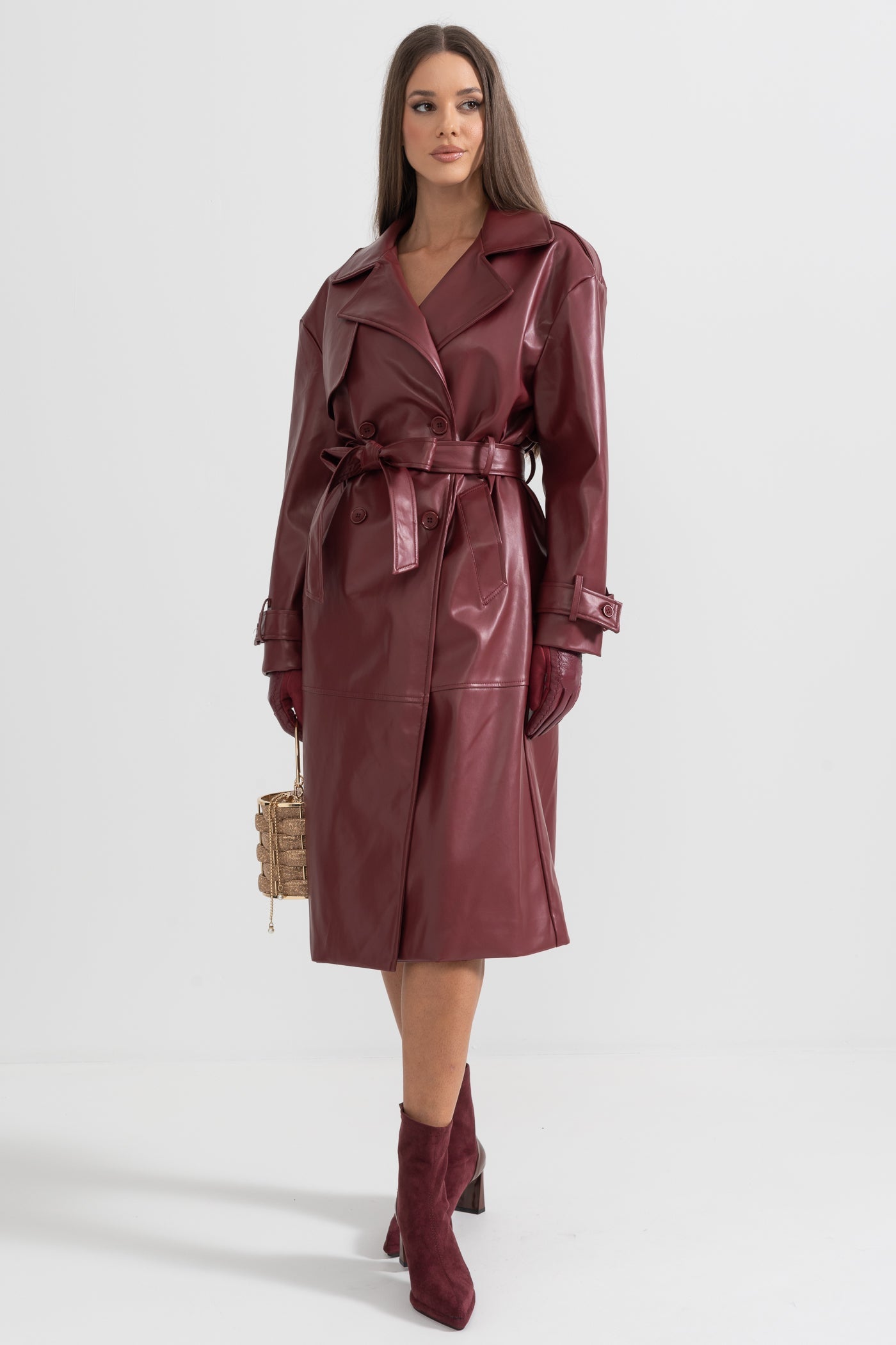 Soleil - Vegan Leather Trench Coat - Burgundy