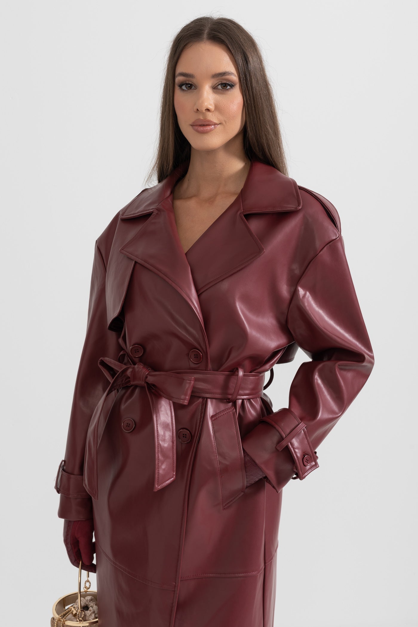 Soleil - Vegan Leather Trench Coat - Burgundy