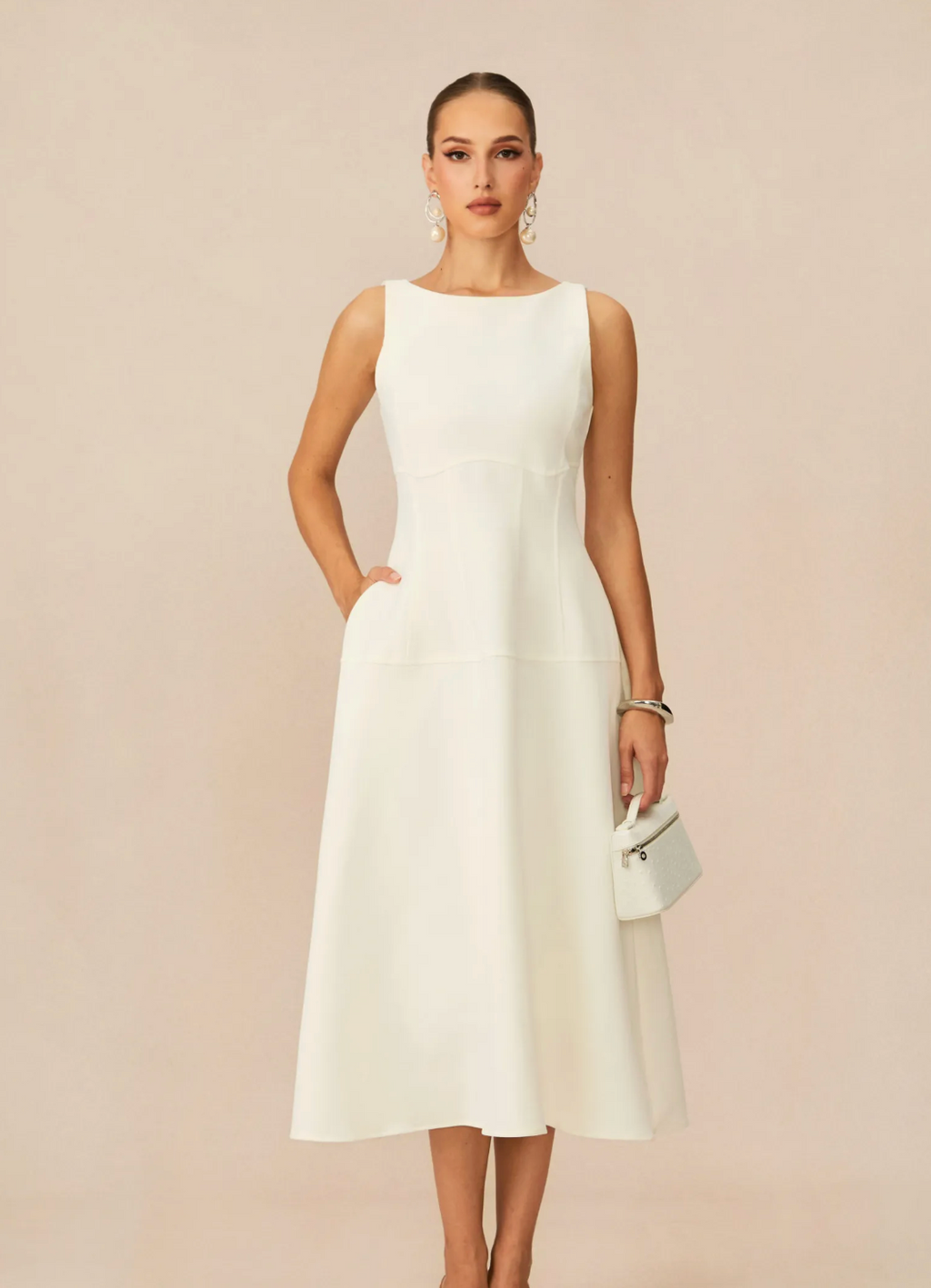 Classic Charm White Sleeveless Midi Dress