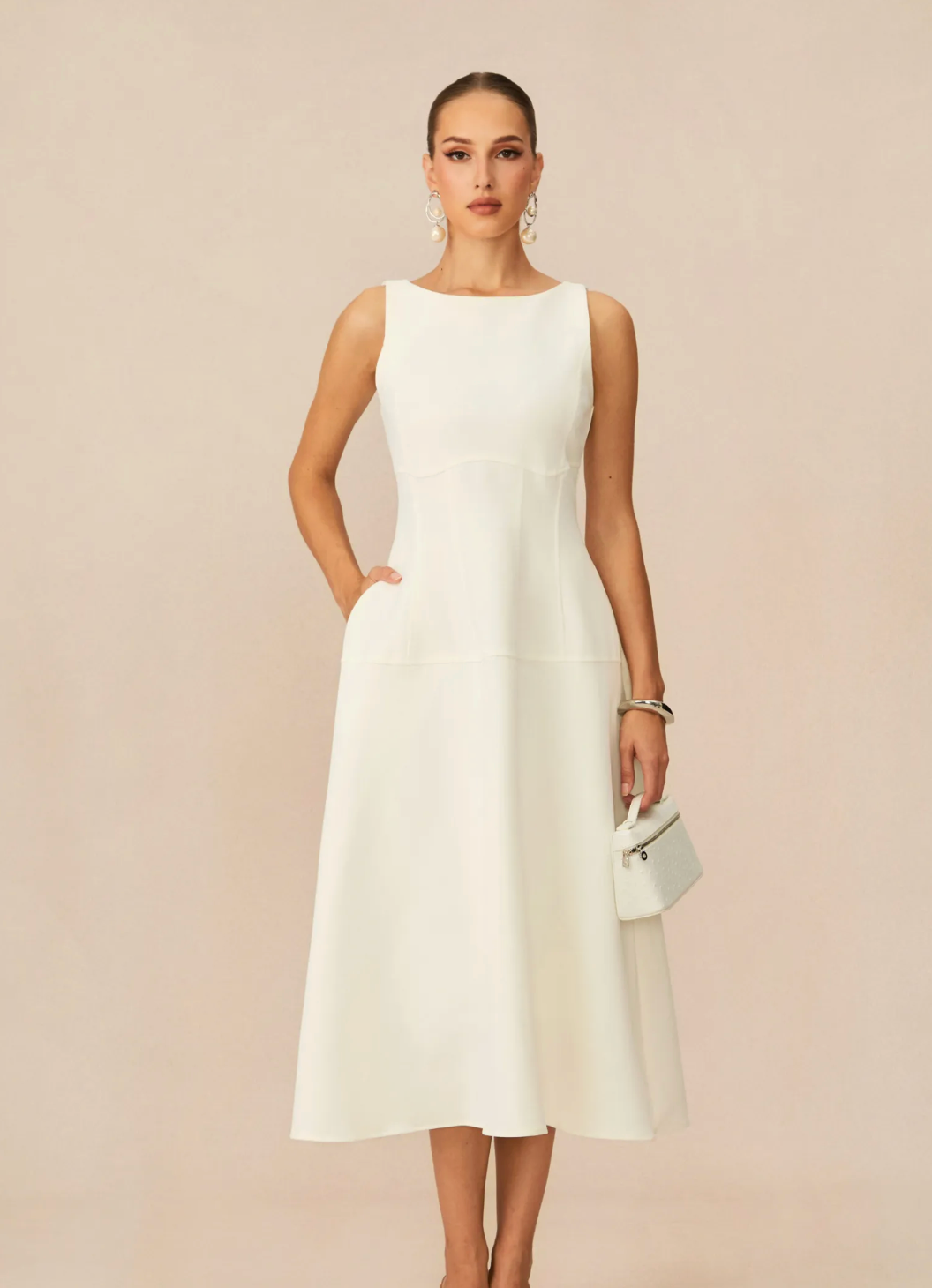 Classic Charm White Sleeveless Midi Dress