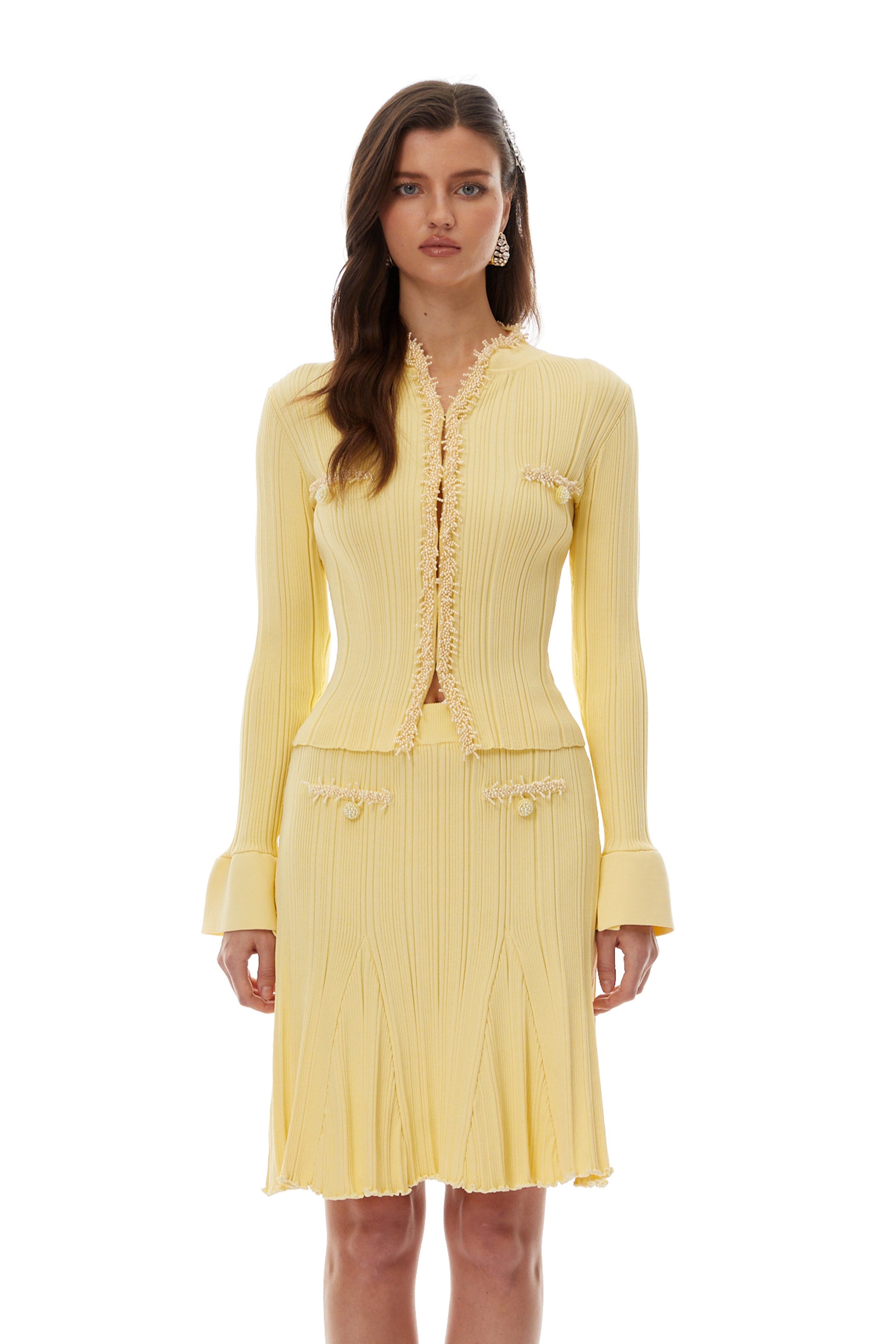 Florence Yellow Beaded Knit Blouse & Skirt Set