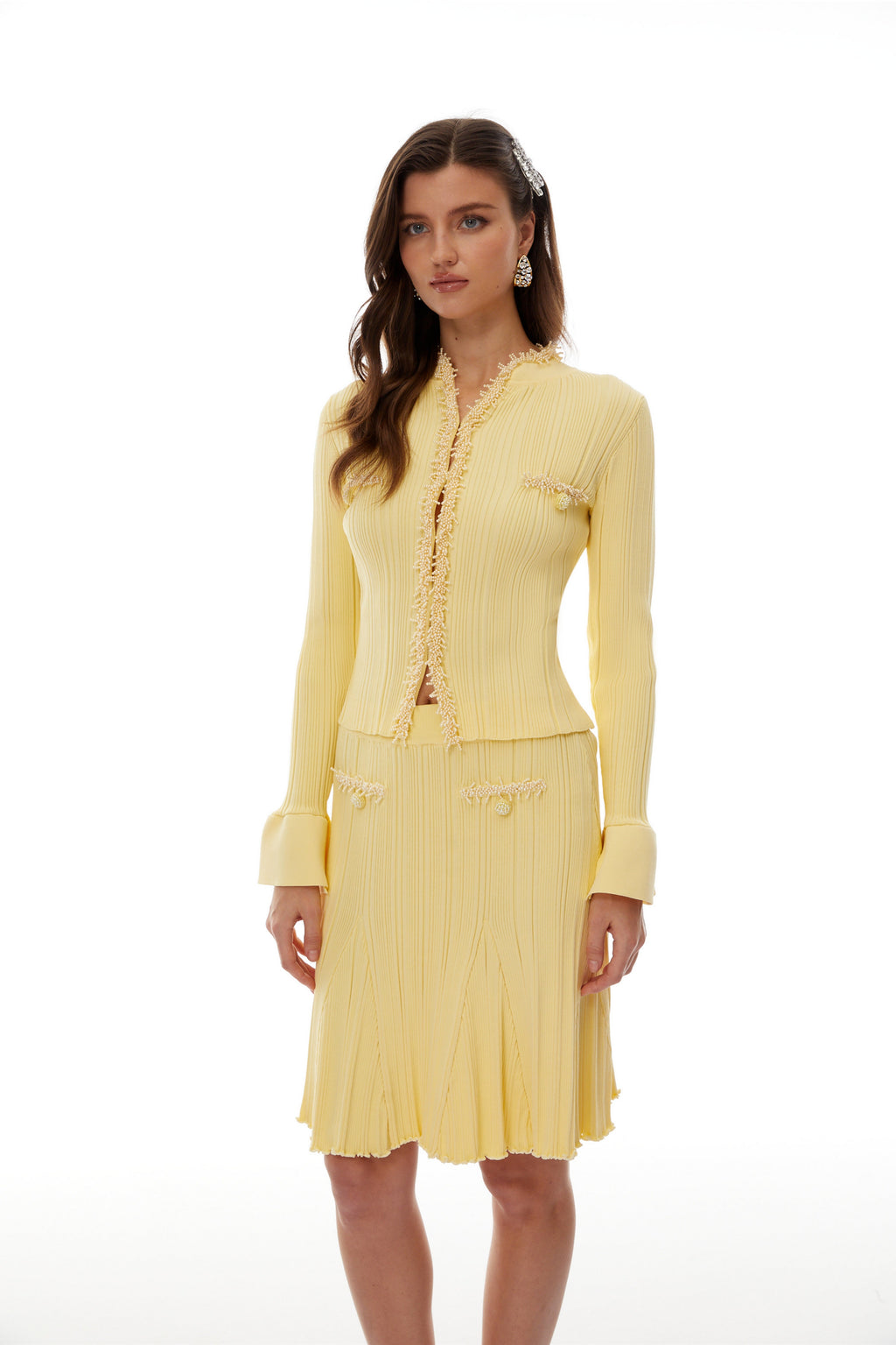 Florence Yellow Beaded Knit Blouse & Skirt Set