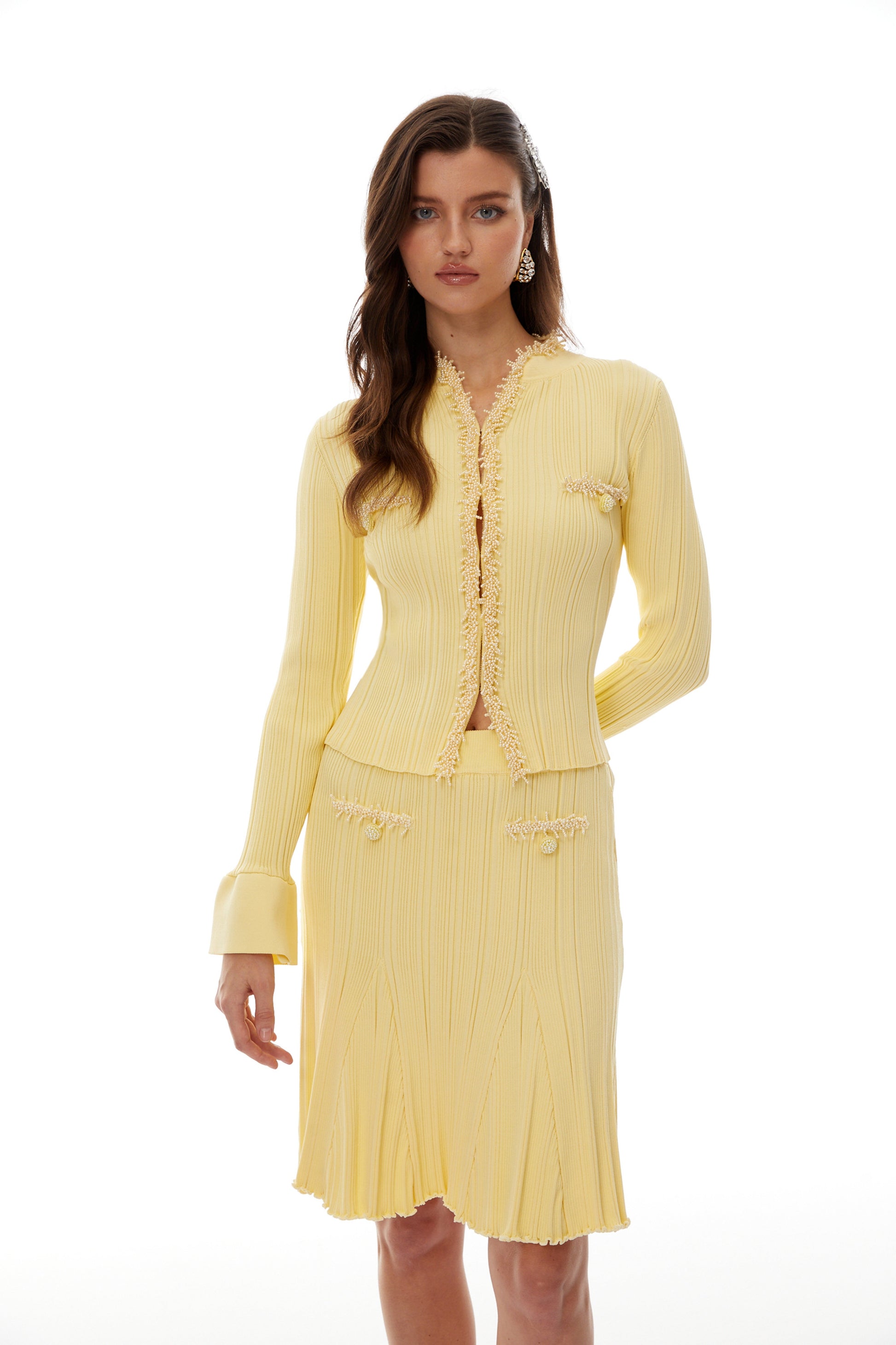 Florence Yellow Beaded Knit Blouse & Skirt Set
