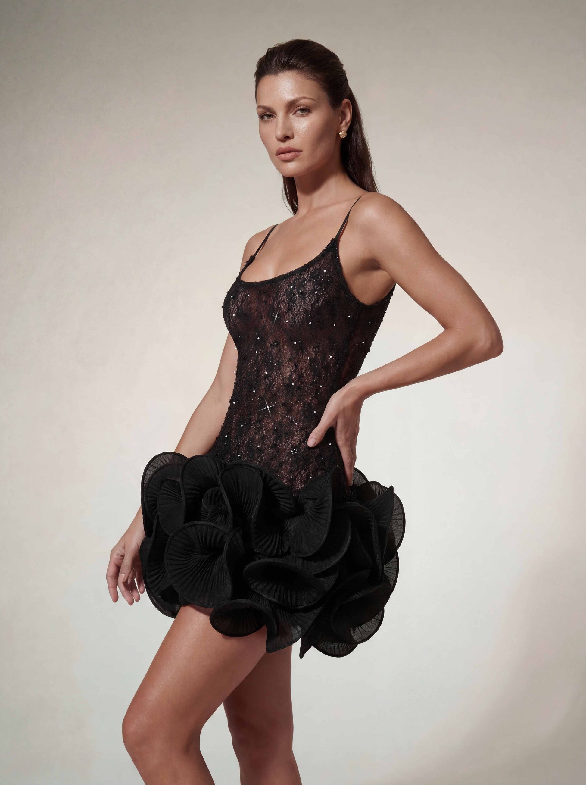 Xyrona Spaghetti Rhinestone Wave Mini Dress