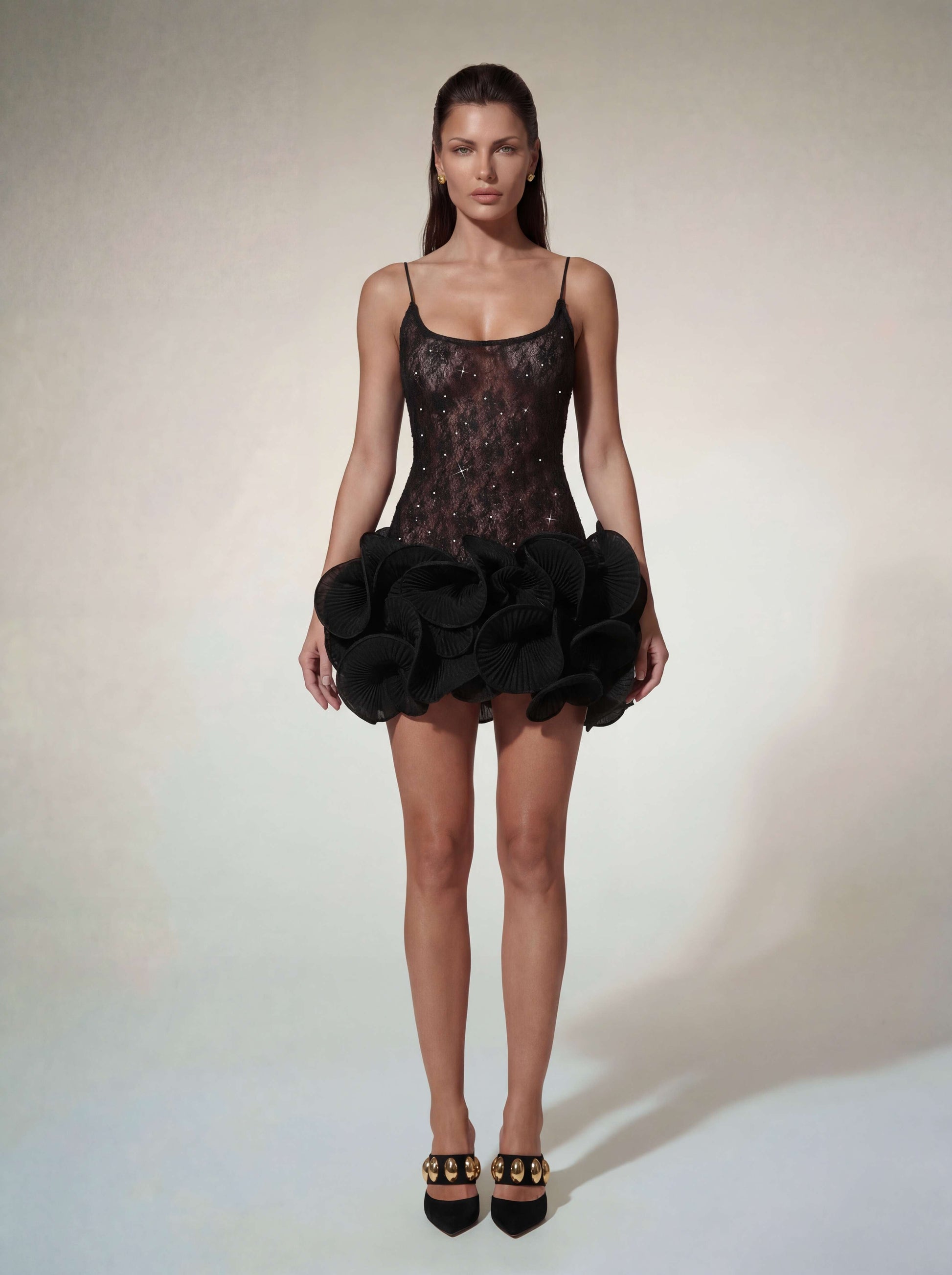 Xyrona Spaghetti Rhinestone Wave Mini Dress