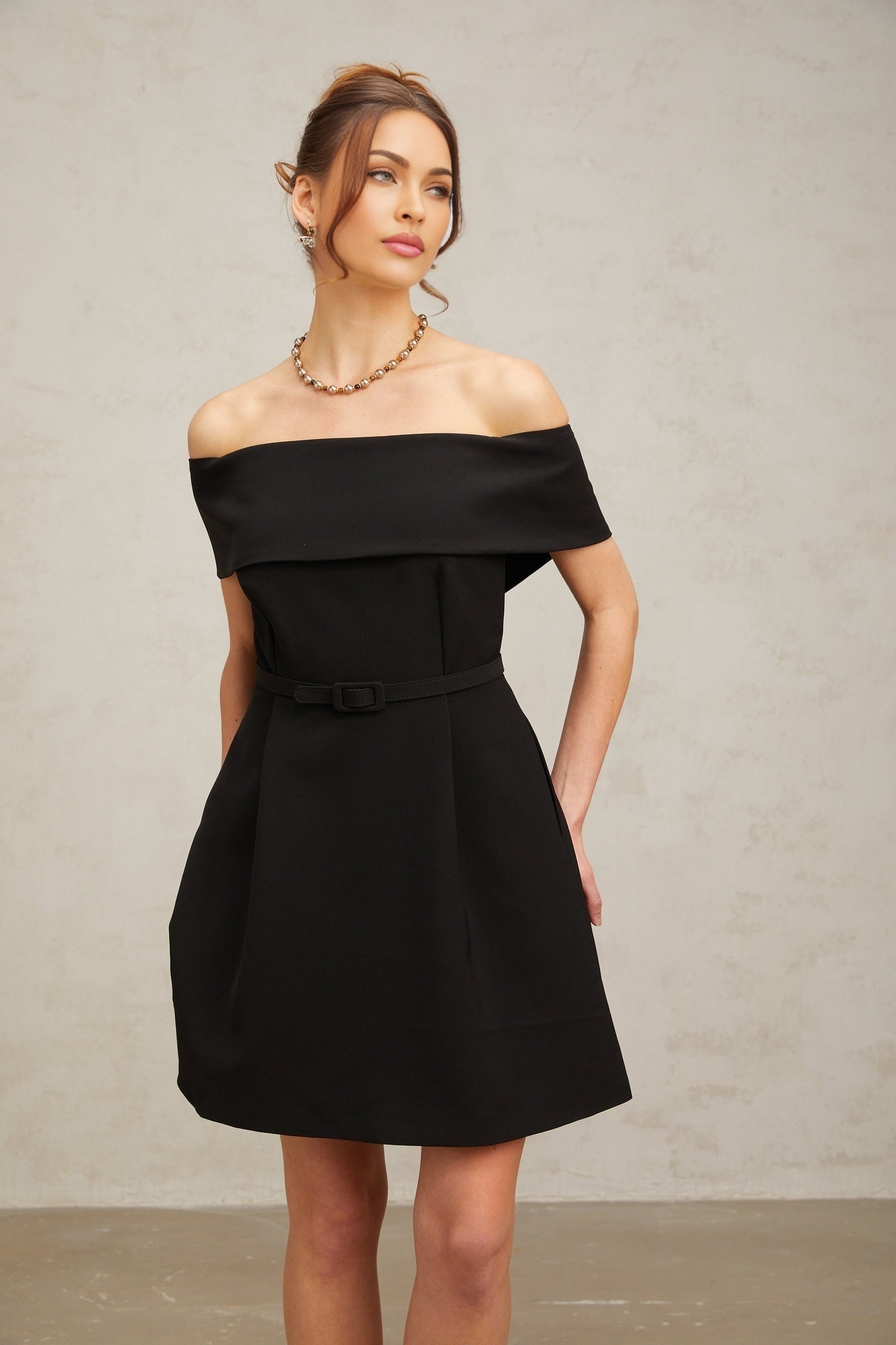 Raina -  Black Off-Shoulder Belted Mini Dress