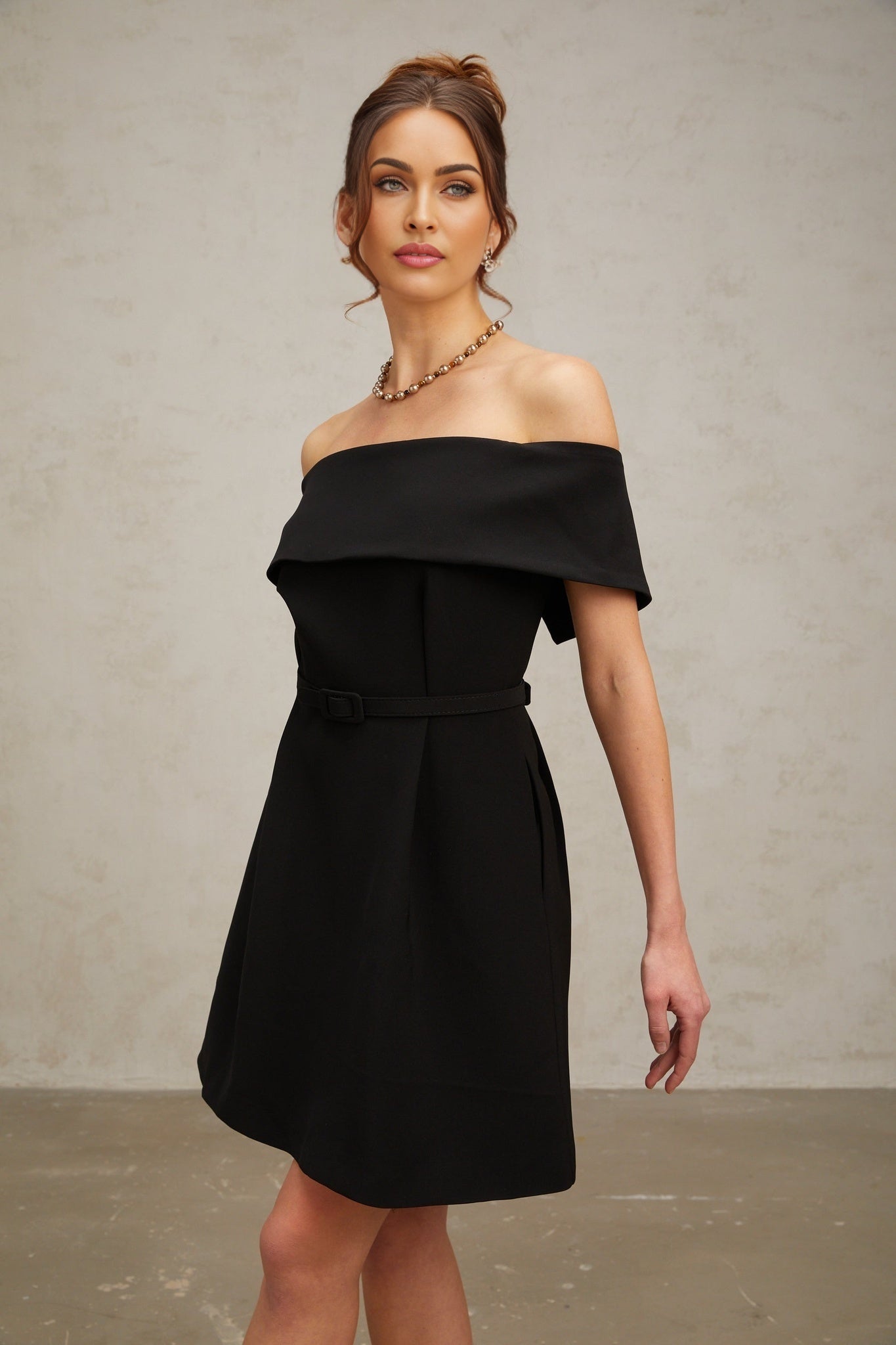 Raina -  Black Off-Shoulder Belted Mini Dress