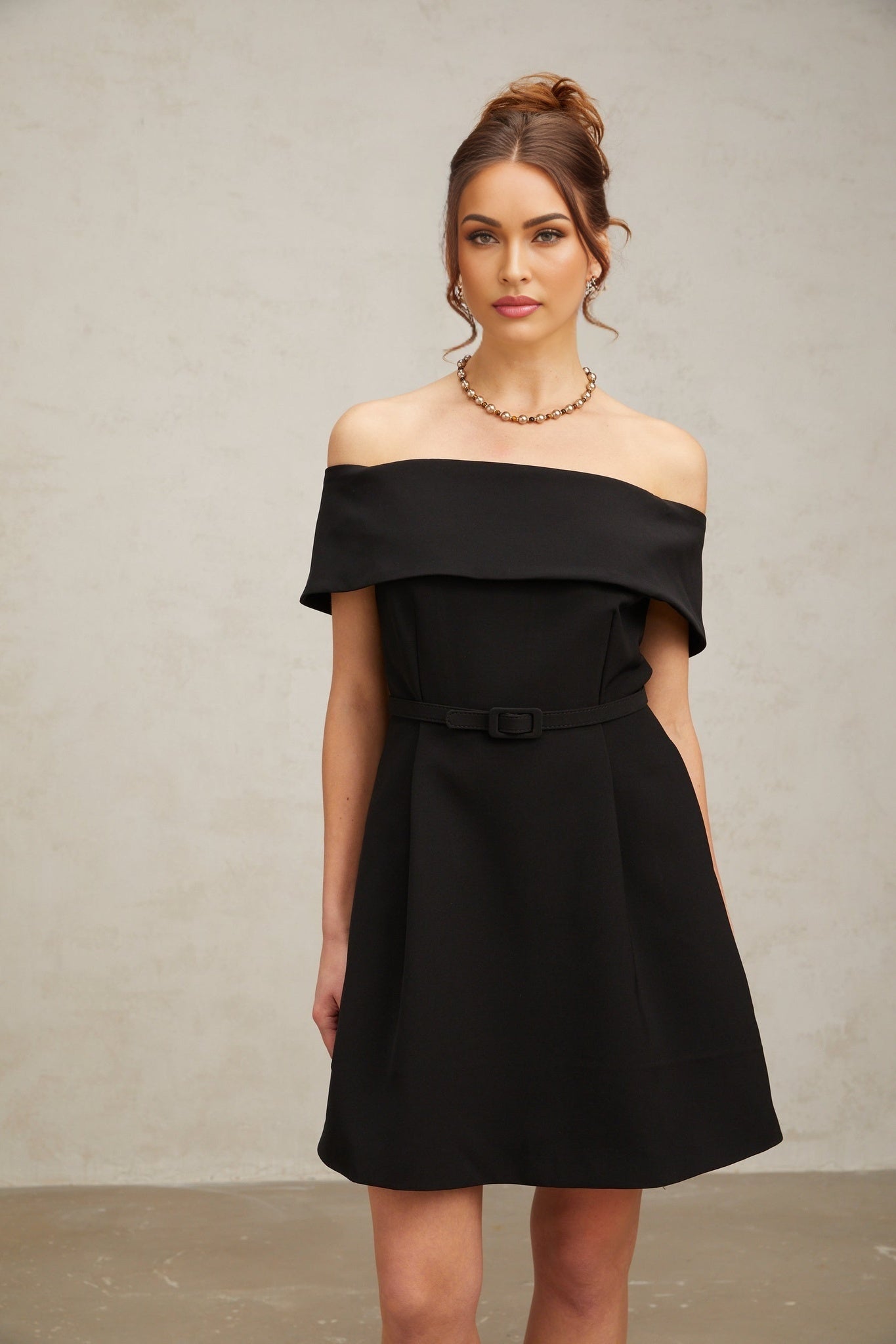 Raina -  Black Off-Shoulder Belted Mini Dress
