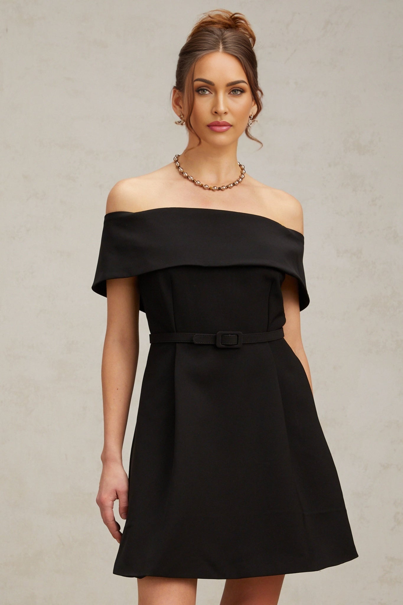 Raina -  Black Off-Shoulder Belted Mini Dress