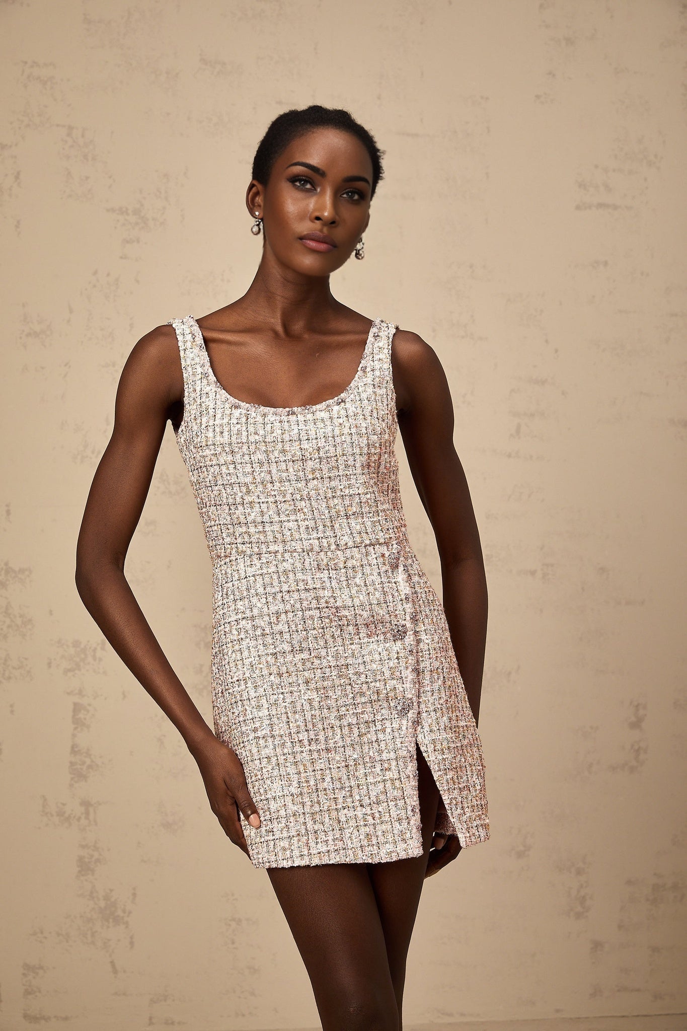 Ember - Pink Tweed Crystal Embellished Mini Dress