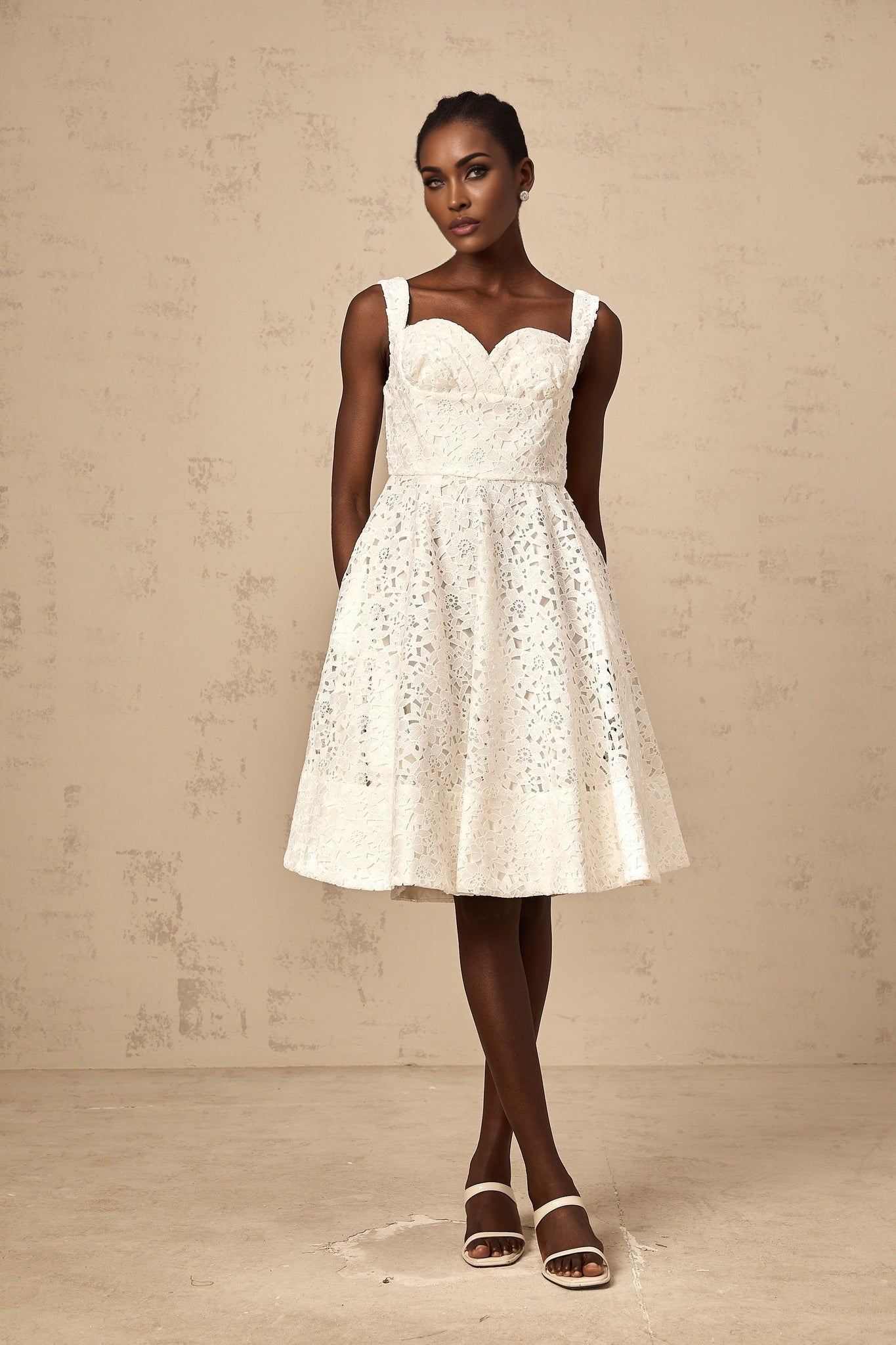 Sylvie - White Lace Sweetheart Midi Dress