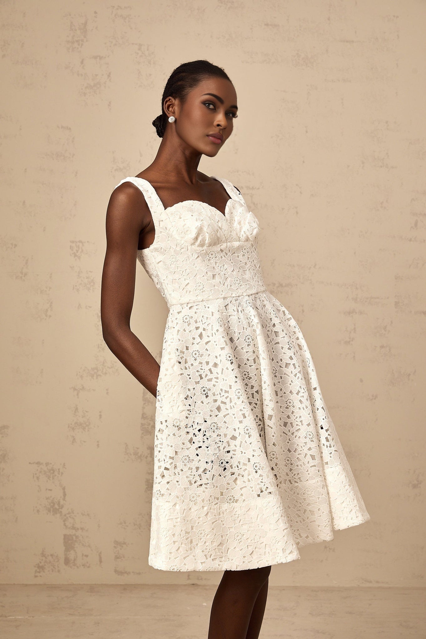 Sylvie - White Lace Sweetheart Midi Dress