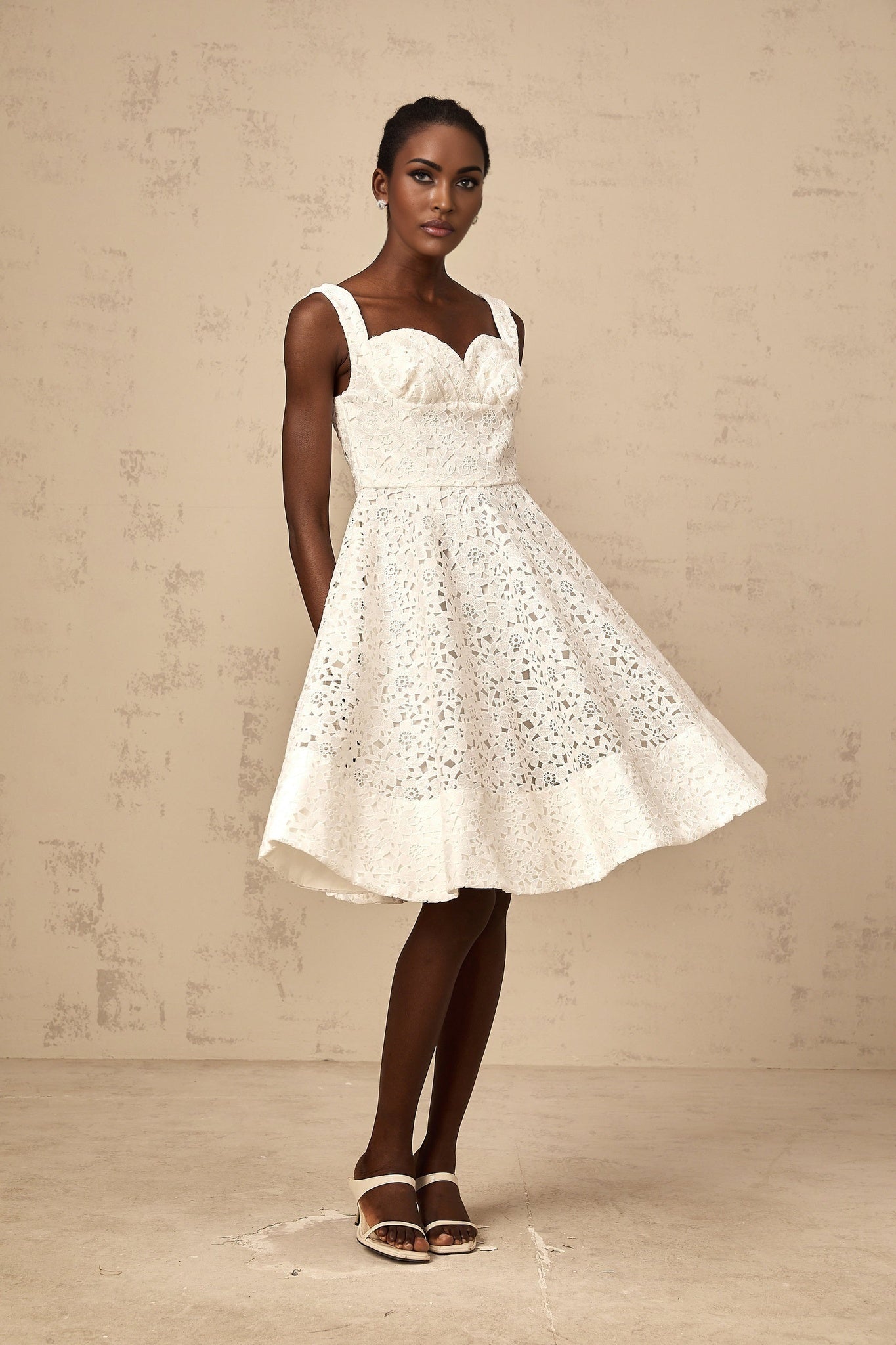 Sylvie - White Lace Sweetheart Midi Dress