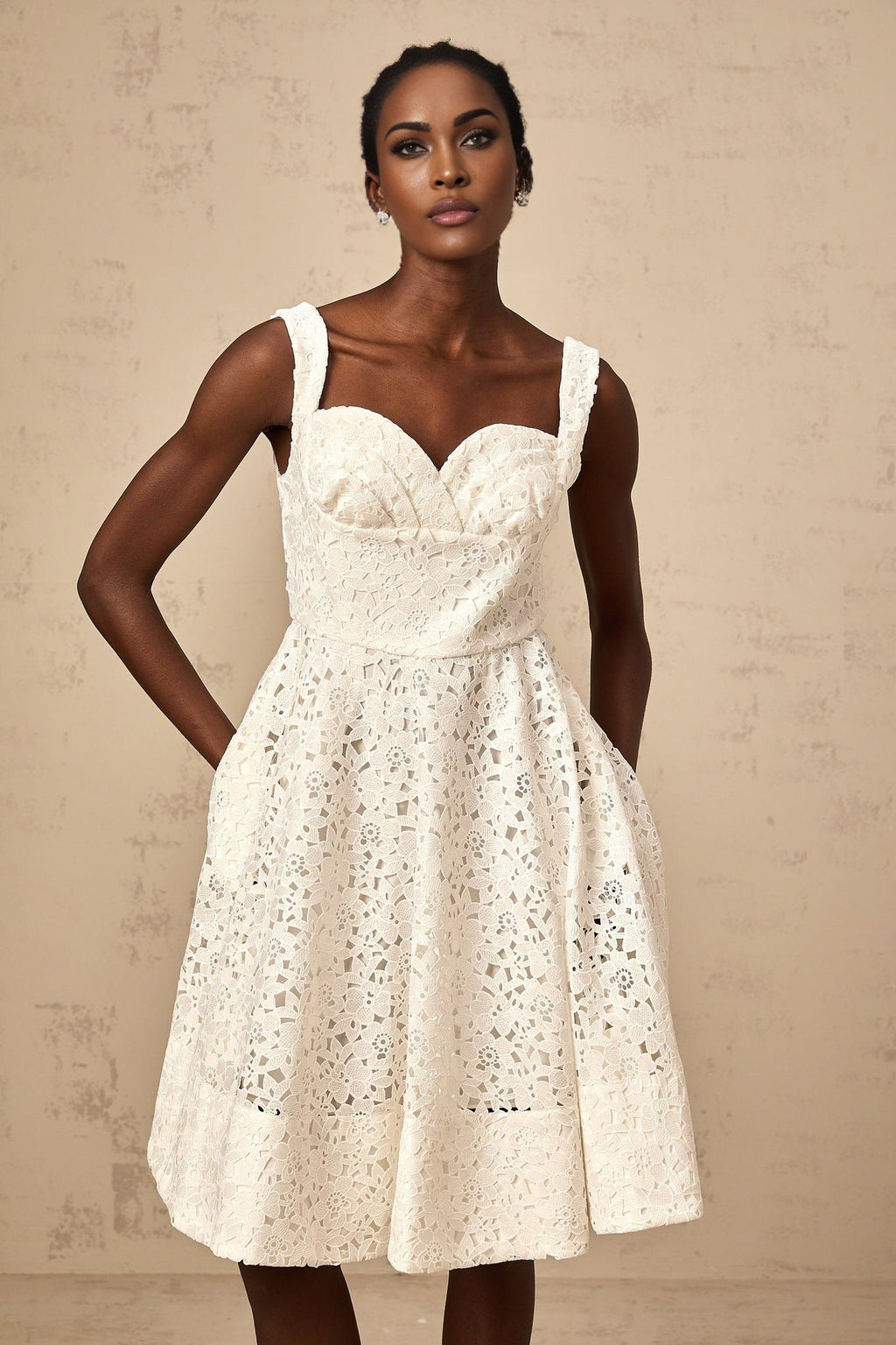 Sylvie - White Lace Sweetheart Midi Dress
