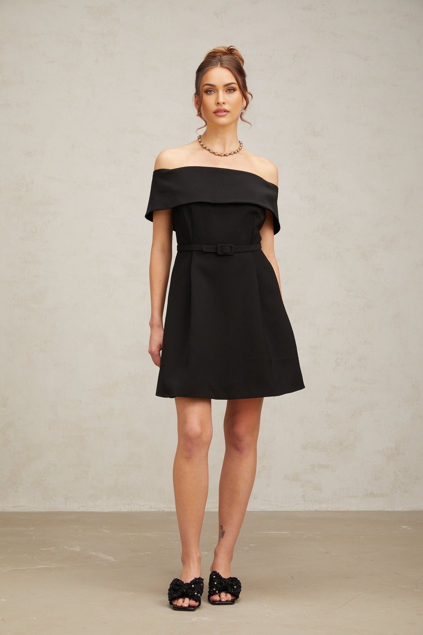 Raina -  Black Off-Shoulder Belted Mini Dress
