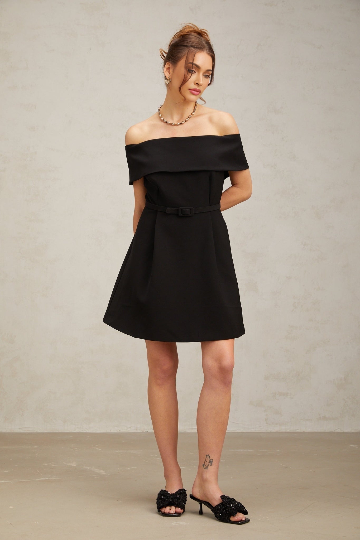 Raina -  Black Off-Shoulder Belted Mini Dress