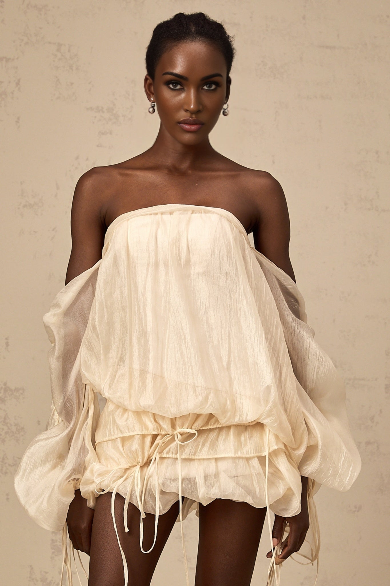 Amaya - Off-Shoulder Champagne Mini Dress