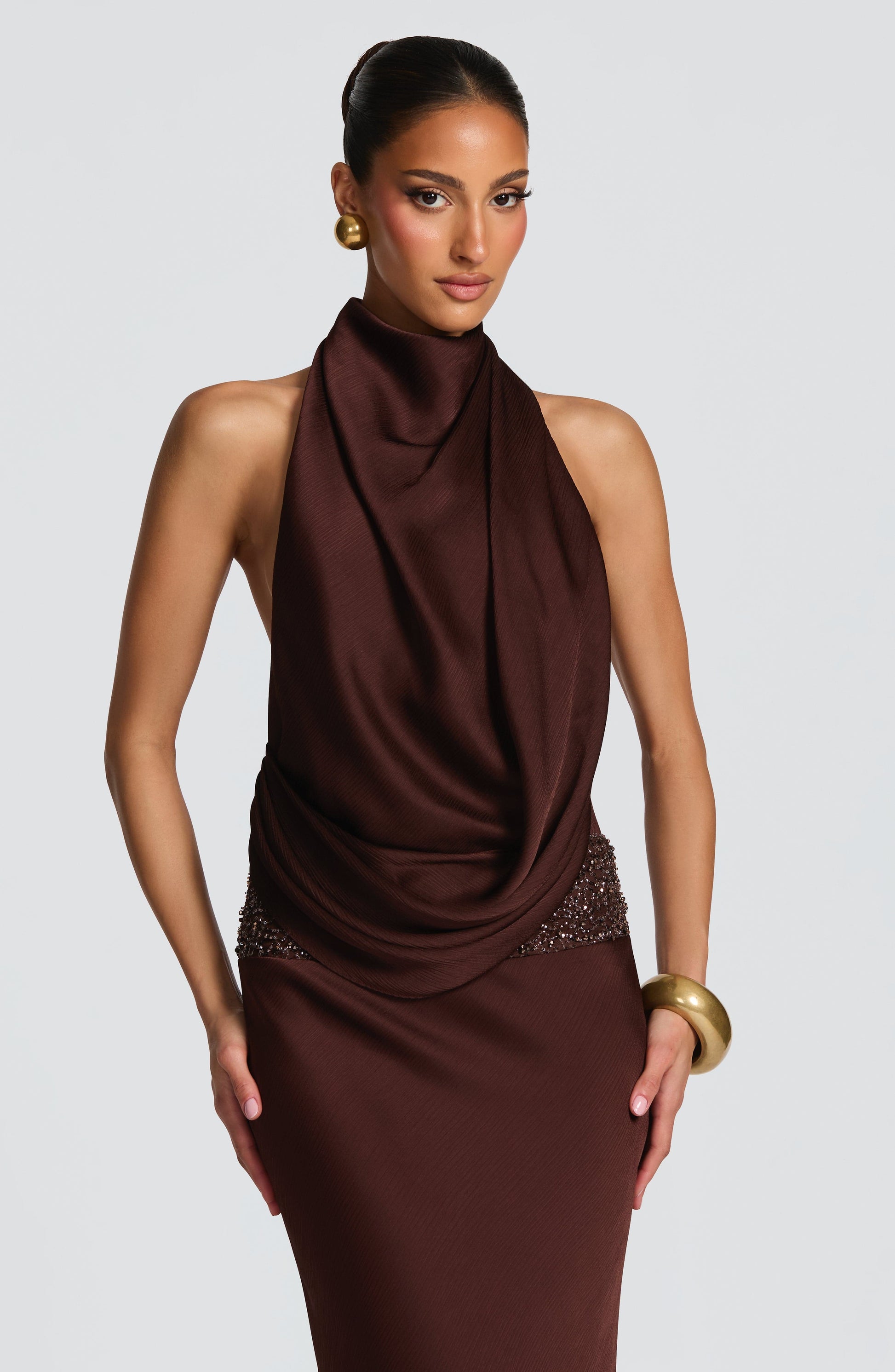 Armelle Satin Maxi Dress - Plum Brown