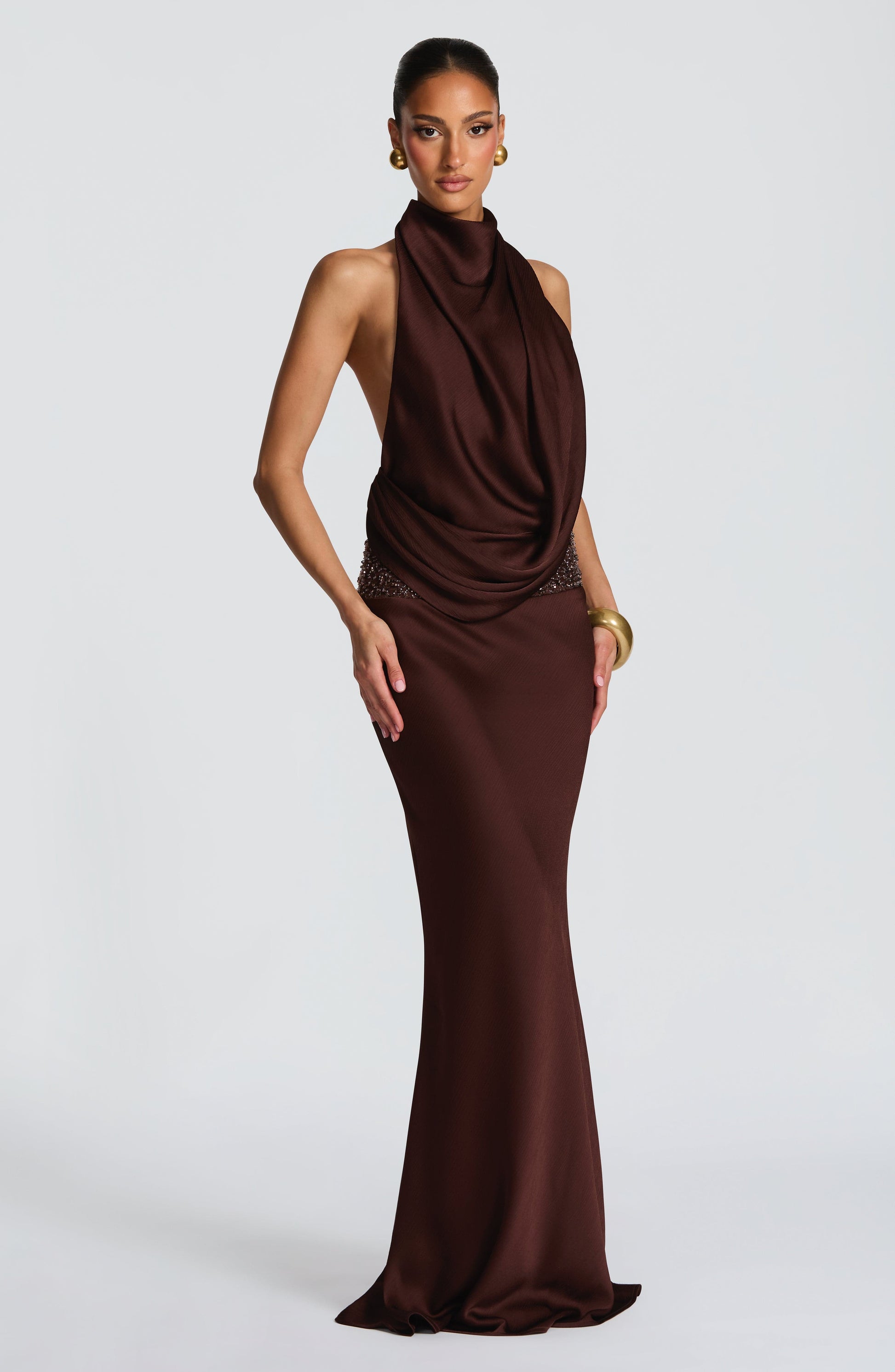 Armelle Satin Maxi Dress - Plum Brown