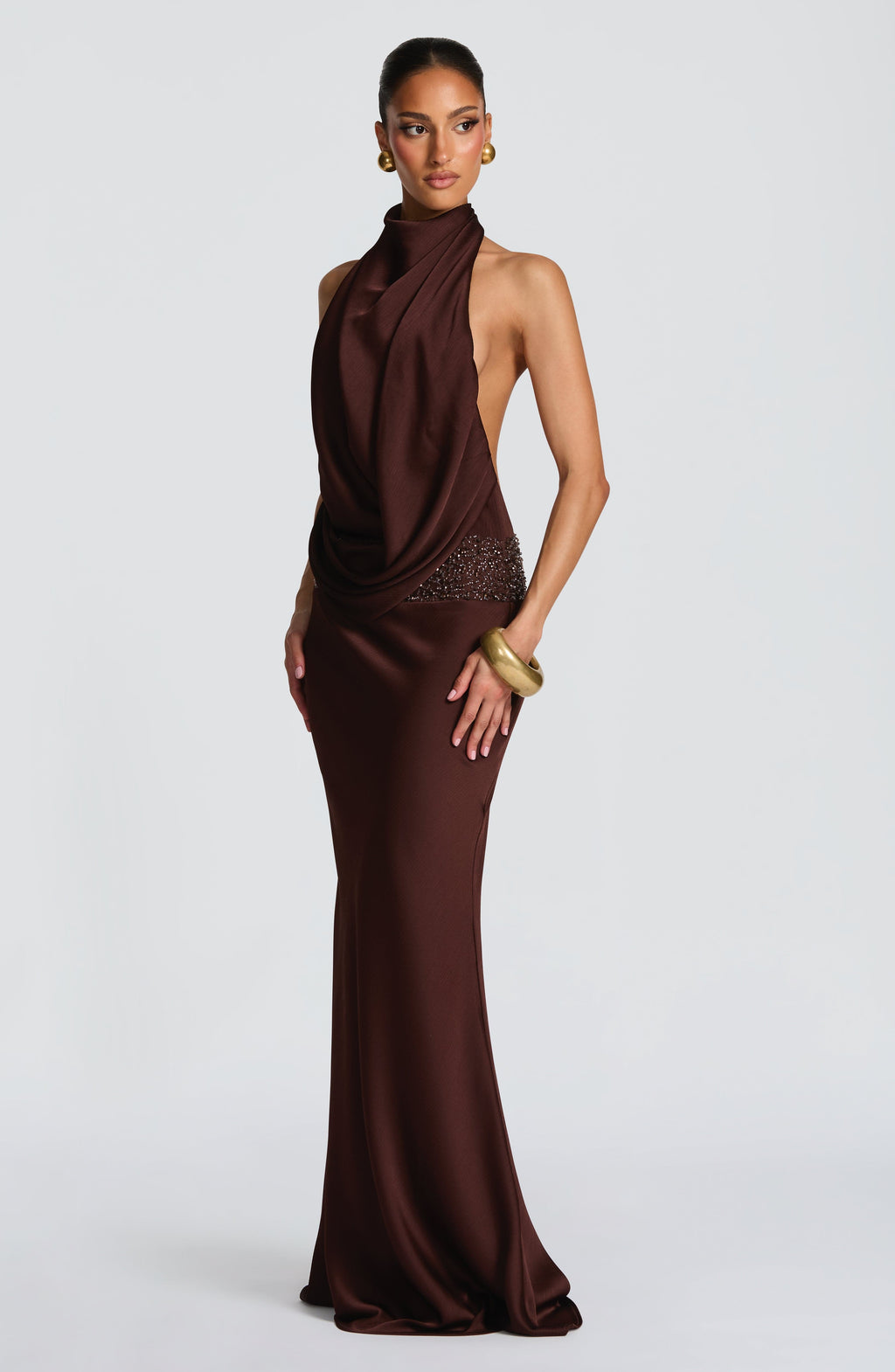 Armelle Satin Maxi Dress - Plum Brown