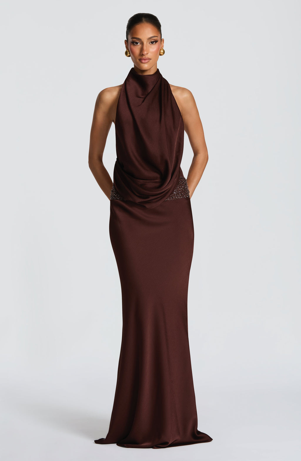 Armelle Satin Maxi Dress - Plum Brown