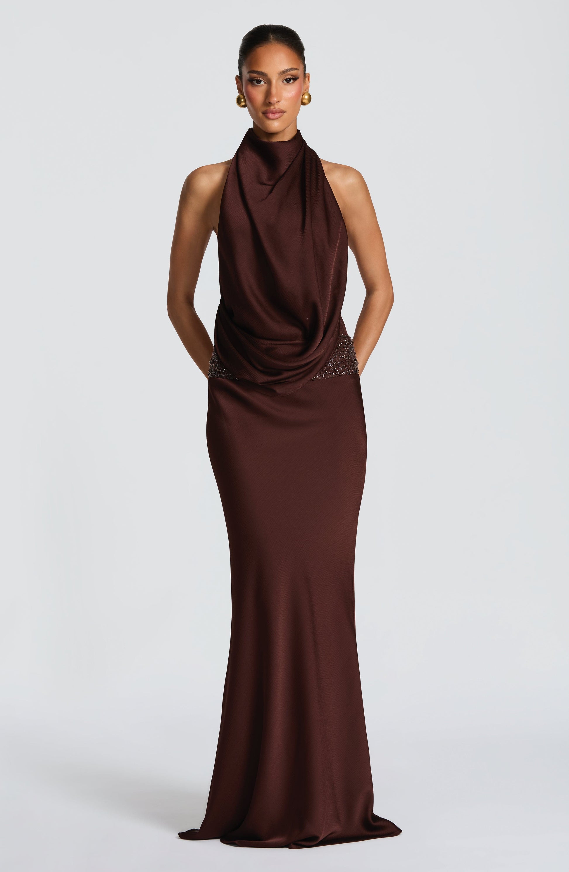 Armelle Satin Maxi Dress - Plum Brown