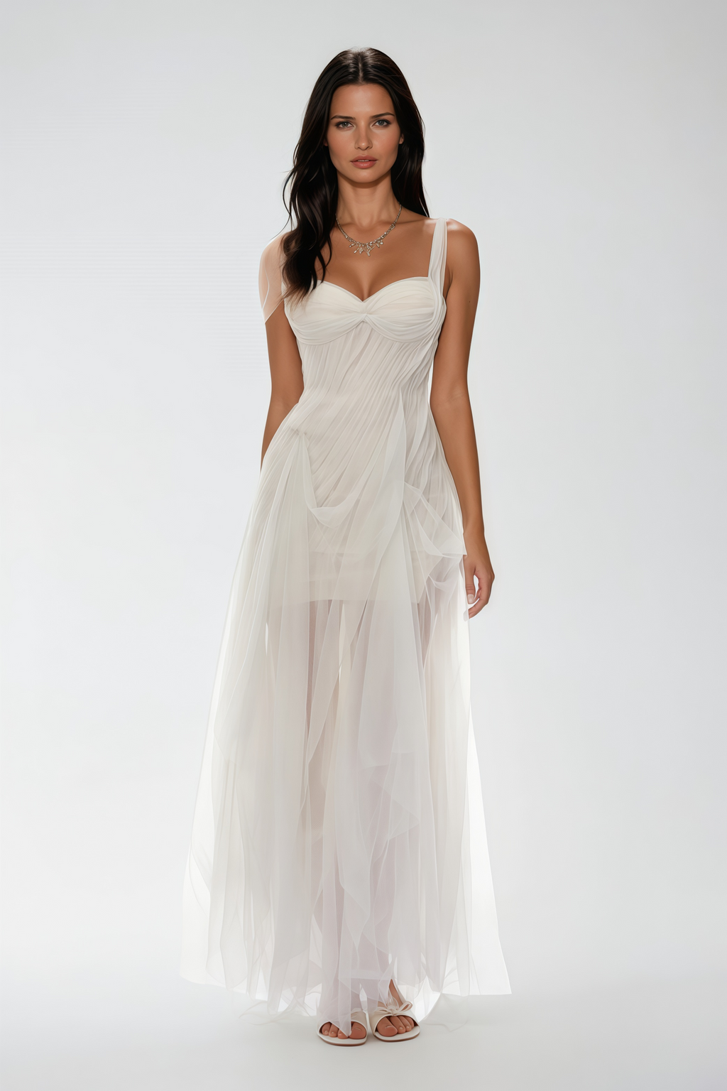 Off-White Tulle Ruched Maxi Dress