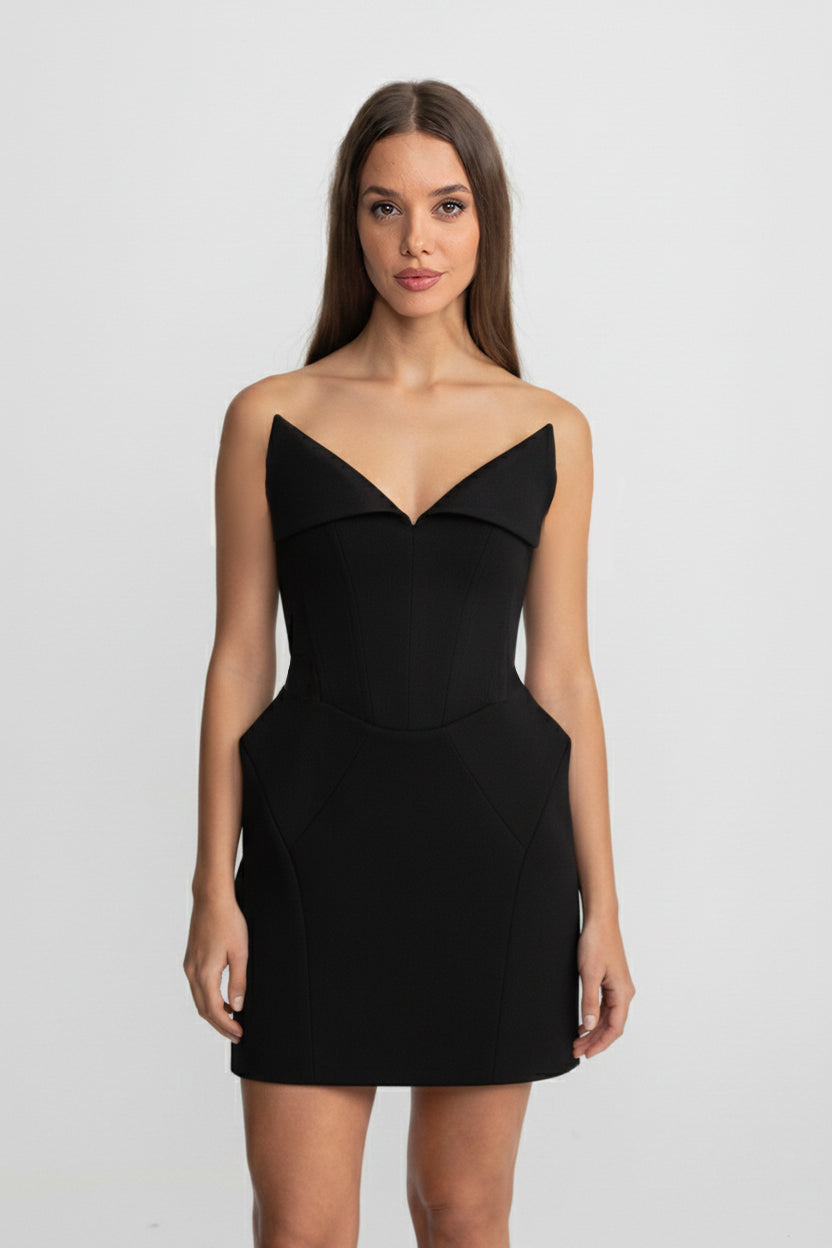 Structured Corset Mini Dress With Folded Neckline – Black