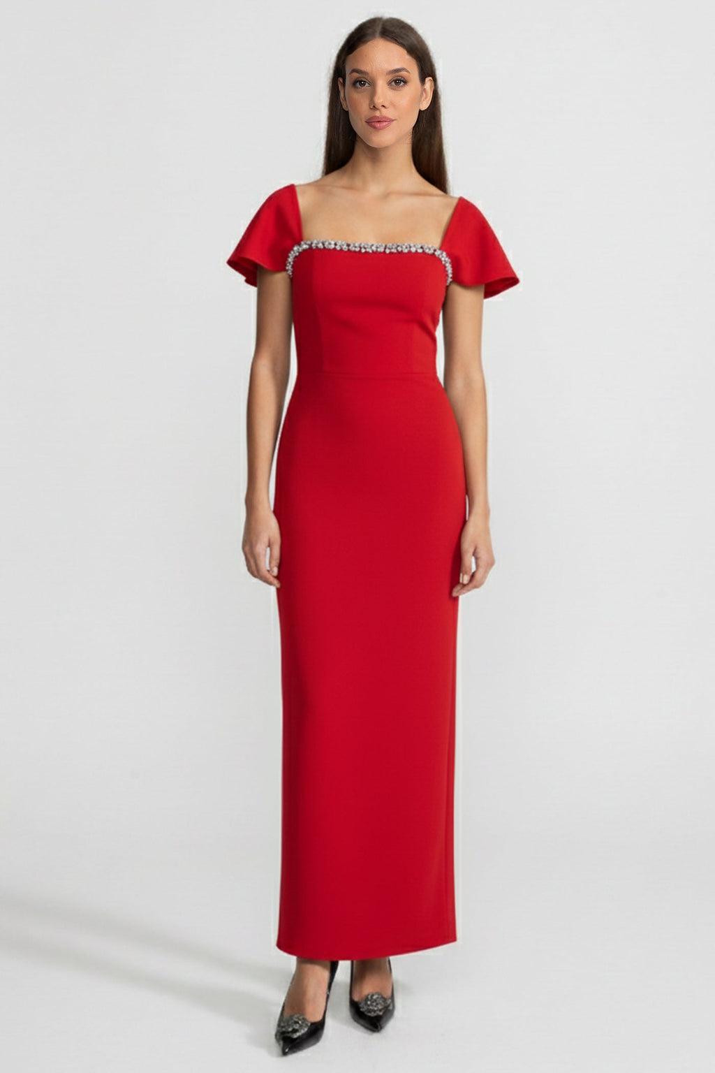 Off-Shoulder Fitted Gown With Crystal Embellishments  – Red