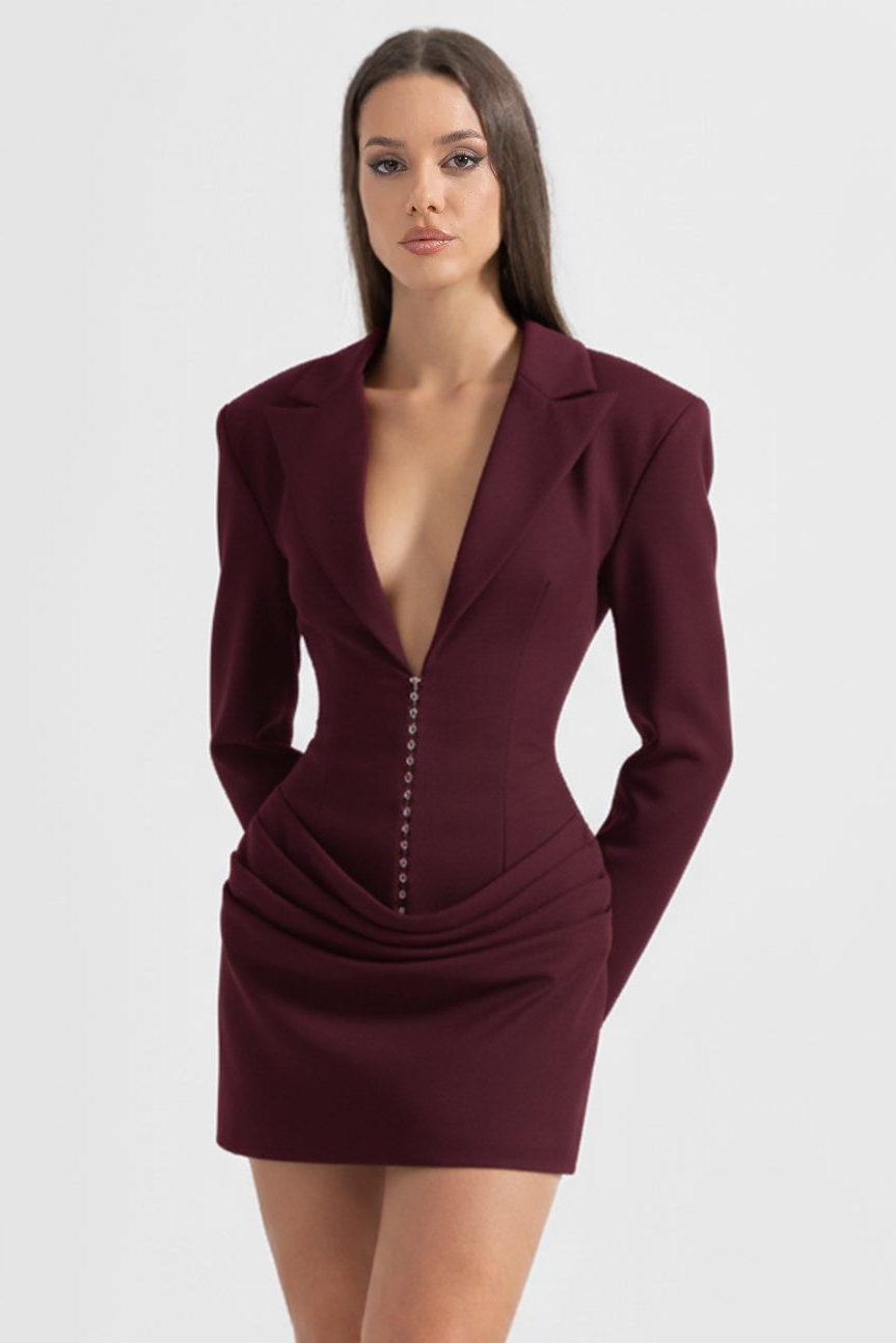 Draped Blazer Mini Dress With Deep Neckline – Burgundy