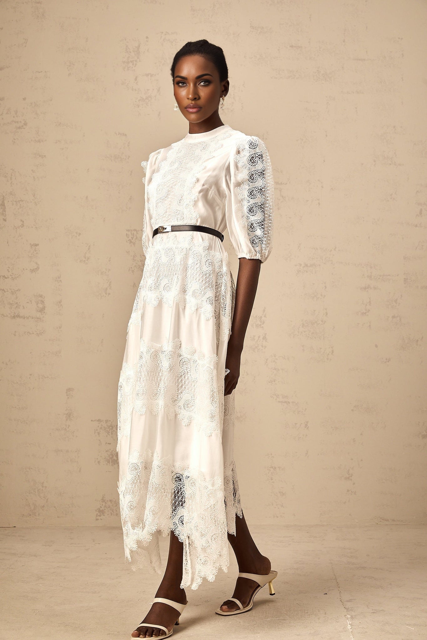 Evangeline - Belted Lace Midi Dress