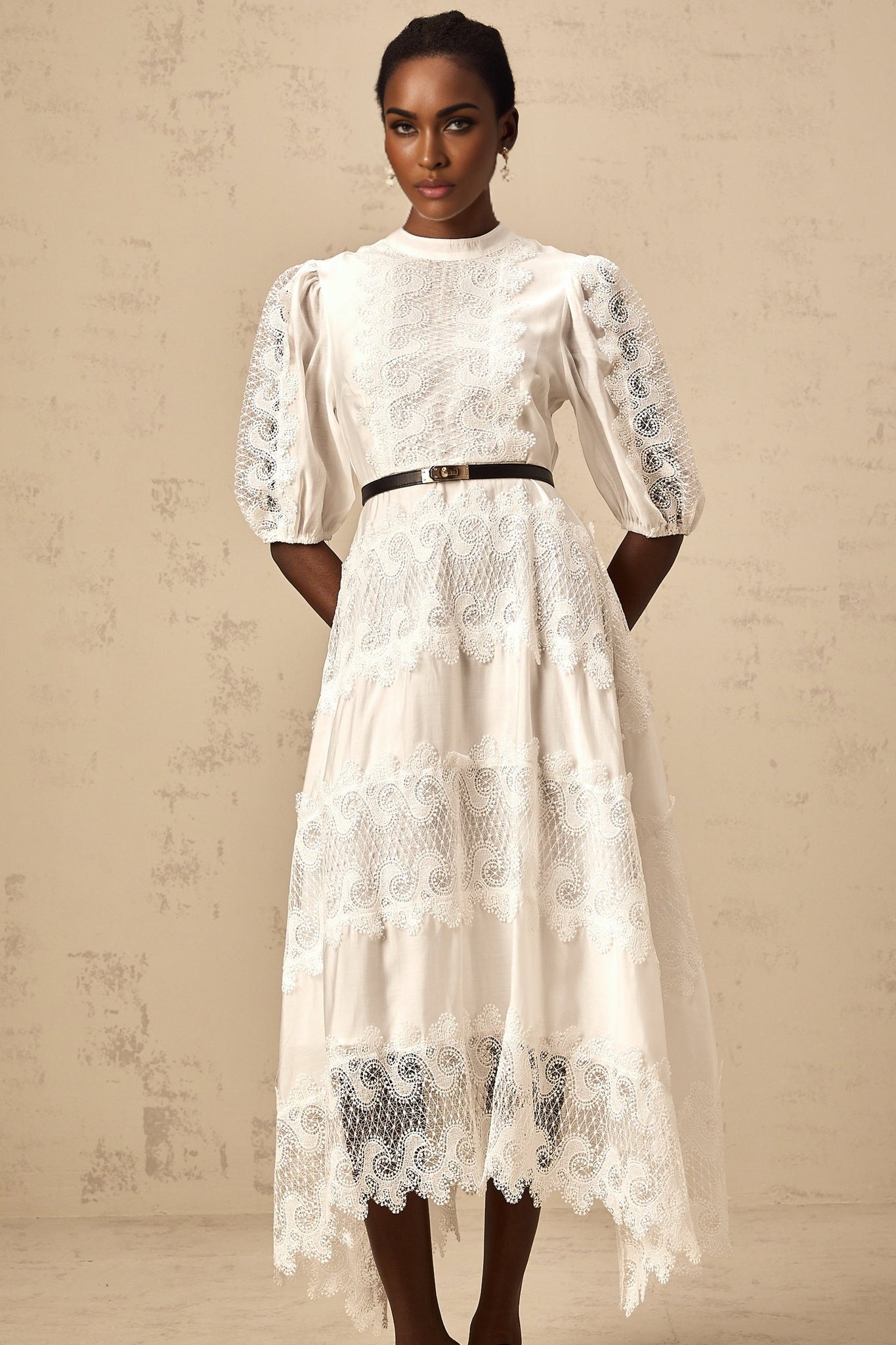 Evangeline - Belted Lace Midi Dress