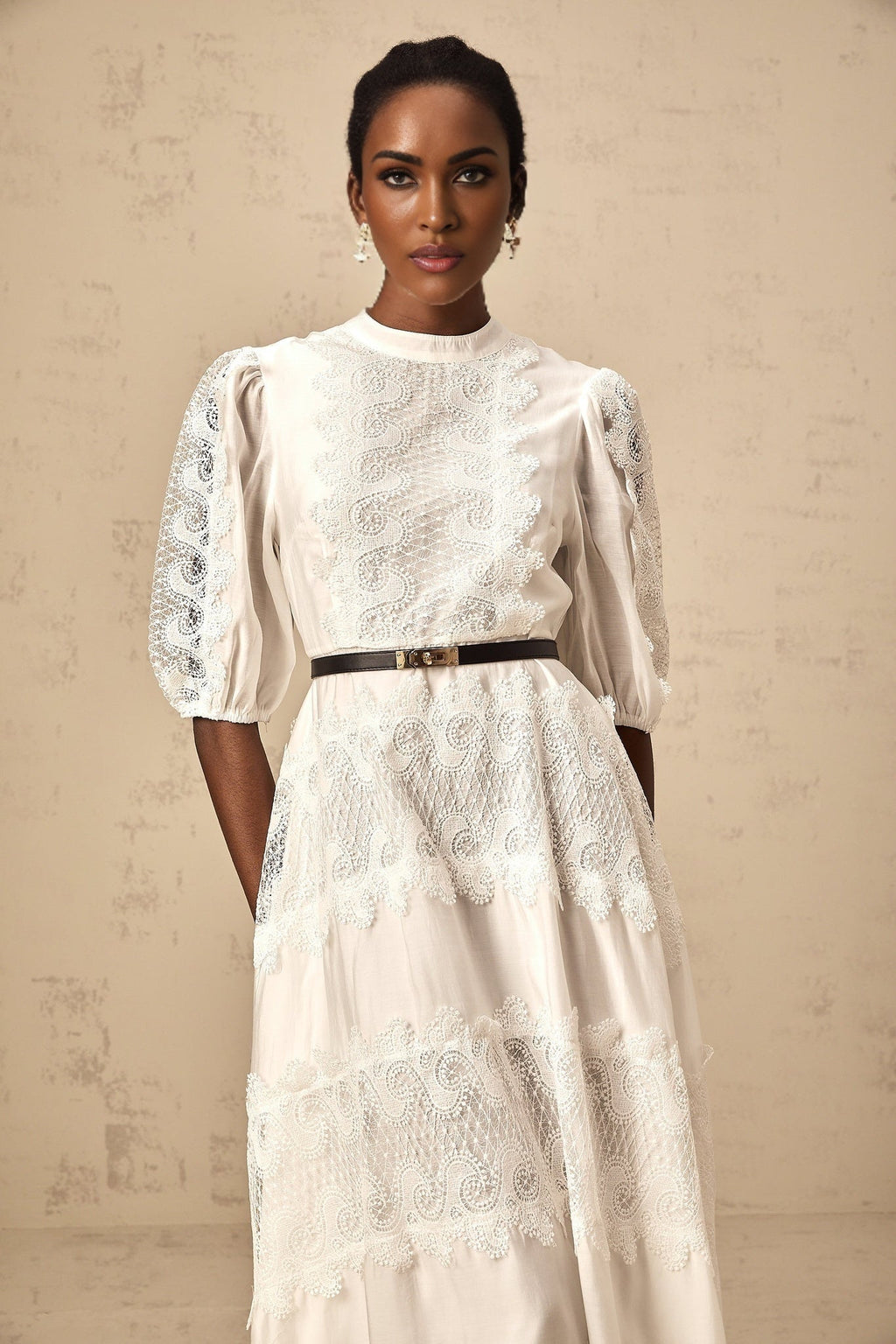 Evangeline - Belted Lace Midi Dress